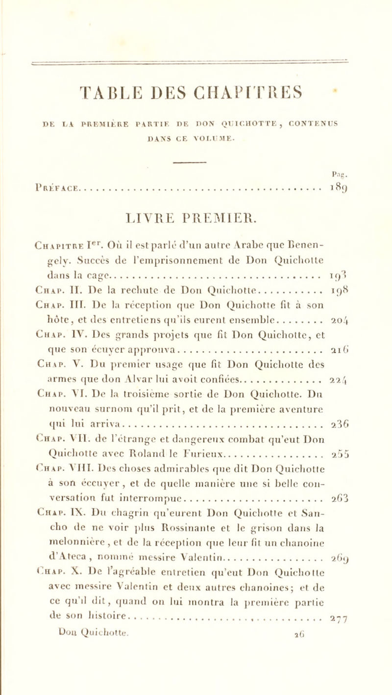 TABLE DES CHAPITRES DK LA PREMIÈRE PARTIE DE DON QUICHOTTE , CONTENUS DANS CE VOLUME. Png. Préface. 189 LIVRE PREMIER. Chapitre Ier. Où il est parlé d’un autre Arabe que Benen- gely. Succès de l’emprisonnement de Don Quichotte dans la cage. 198 Chap. II. De la rechute de Don Quichotte. 198 Chap. III. De la réception que Don Quichotte fit à son hôte, et des entretiens qu’ils eurent ensemble. 204 Chap. IV. Des grands projets que fit Don Quichotte, et que son écuyer approuva. ai 6 Chap. V. Du premier usage que fit Don Quichotte des armes que don Alvar lui avoit confiées. 224 Chap. VI. De la troisième sortie de Don Quichotte. Du nouveau surnom qu’il prit, et de la première aventure qui lui arriva. 236 Chap. \ II. de l’étrange et dangereux combat qu’eut Don Quichotte avec Roland le Furieux. 26 Chap. VIII. Des choses admirables que dit Don Quichotte à son éccuyer, et de quelle manière une si belle con¬ versation fut interrompue. 263 cho de ne voir plus Rossinante et le grisou dans la melonnière , et de la réception que leur fit un chanoine d’Ateca , nommé messire Valentin. 269 t.hap. X. De l’agréable entretien qu’eut Don Quichotte avec messire \ alentin et deux autres chanoines; et de ce qu’il dit, quand 011 lui montra la première partie de son histoire.. . .. Dou Quichotte. 3(j LTJ