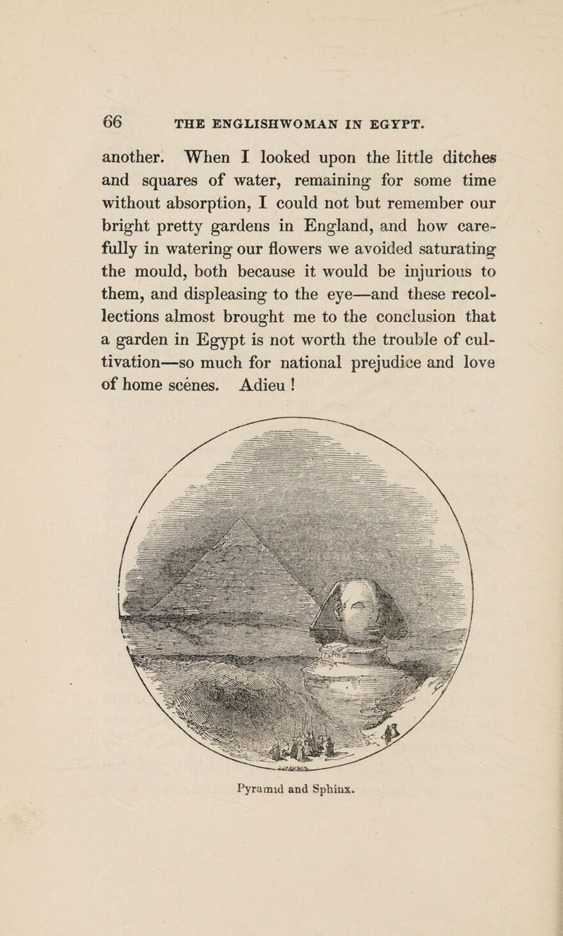 another. When I looked upon the little ditches and squares of water, remaining for some time without absorption, I could not but remember our bright pretty gardens in England, and how care¬ fully in watering our flowers we avoided saturating the mould, both because it would be injurious to them, and displeasing to the eye—and these recol¬ lections almost brought me to the conclusion that a garden in Egypt is not worth the trouble of cul¬ tivation—so much for national prejudice and love of home scenes. Adieu ! Pyramid and Sphinx