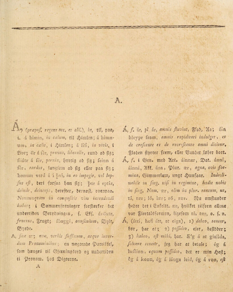 KR 5 (o4 himin, im celum, til inden; á himn- um, át cel, í Himlens á DG, in vivis, Í Live; Ör á får, pronus, Tiberalis, rund ab fig; fiótr á fér, pernix, Gurtig ad fig; feinn á fér, tardas, langfam ab fig eller paa íía5 honum vard à í því, i» eo ünpegir, vel lap- fus eft, beri forfaa han figs Dár á eptir, Nonumiuqvata ti compüfris vim intendendi E FA habers á Chammenfetninget fotftattev bet undertiden £Setpbninain, f, Eff. ávöxt, [i fructus, ótugt; ábaggi, enu[culum, öll, yrða A, five aty, mon, verbis fufffixum , atqve intere, dum Pronominibu:; cn negtende gatti E£el, 1 ti Dronom, fo8 Qigtene, A A uet TRES Á, f. år, pl. år, annis fluvius, Bob, as ám hleypr. fram, amuis | rapidizari indulget ste de crefcente et de vecreftente amni dicitar, Globen ftyrter frem, eller Bandet løber Dort. Á, f.i Gen. með Art, áinnar, Dat, ánni, ainni, Wtf. ána, qytur. ær, AGNA, Ovis foe- mind, Gimmetlam, ungt Juufaar, | Indecli- mabile in fing, nifi im vegimine, hodie nobis in fínn, Nom. ær, olim iu plur. tantum, p Nu omftunder eder bet í Enfelte, ær, hvilfer tilforn allene, var Slertaleformen, ligefom tá, ter, o. f. v. Ce trro 0, ber; rÓ,; tær bør, bar att 2) poffideo , ejer, befibðer 3 (8) habeo, eft - mihi, bar. E'g á at giallda, folvere. Ieneov,- jeg bar at betale; ér á heftinn, equum poffideo, det e min eft; tg á kont, ég á lánga leið, ég á von, eft j á i : x i Uh x