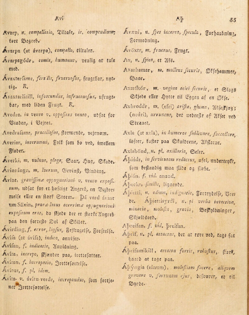 Avr | fert Degrebe i Ávarpa (at ávarpa), compello, tiltaler, Ávarpspódr y CO mede Ávaxtarfamr, fertilis, fructuofus,. ftugifa dg. UR: | humanus, venlig at tale r, tte [- 27 23 . 7 t . . ^ Ba Ávaxtarlítill, infoecundus, infructuofus, ufrugti bar, med liden Frugt. Á. Avedra, is venta v. oppeffres venzo,. ubfot for Vinden, í Vejret Avedrafamr, prócellofirs, ftermenbe, vejrnæm. Averiar, inzefamui, Floder. 4 E | | Averki, m. vulius, plaga; Saar, Sug, Stade, SE fom bo ved, imellem ^ Axinningr, »B. luerum, Gevinfty Ginding. DEER s i Avyint, eravi(feke oppsuguatiou? v, veuro expofr.. iun, ubfat for. «t. hæfttar Angreb, e melfe eller en flætt Storme Baftot: Då vard ávint um SOxin, proræ latus acersime oppuznationi- expofium erar, Ba føjede Det et flatft?fngreb- paa ben fortefte Bel af Ofibit.. Åvirding, f. error, lapfus, &amp;eittagetfey. Sor[tefe.. »Avifa (at ávifa), indico, anviler. ) Á vífan, f. indizario, Hnvi éning.. 4 Ávíta, increpo, (fienter paa, Írettefætteri. Avin, f. increpatio, Gyvettefattclic, Ávírur, pk Avita--v, ávítu. verdr, ímerepandus, fon. fortjes idem, . p Ávæni, n. fpes iucerta, fpecula., Gorbanbniny, 55 Sormobning, Ávöxtr, 5n fructus, Bengta , fpica et Q(£a,. Axarhamar, m. malls: fecuris, £tfebammer,. Banes Axarfkór + et Gaga Sfjede eller Hytte til Cooea af en Hf (e c Axbroddr, m, (efri) arifta, gluma, Utfeftjæg (nedri); urruncus, Det nebrc(ie of. 2ffiet in Citraatt, .- vagina aciei ficuris ,. Axla (at axla), in humero: ublévnre, „ficcollare,. (ofrer, fafter paa Sfulbrene, Afflerne,. Axlabónd,. s. pi. axillaria, €xelir,. Áþiád t, in fervizutem vedácius, ufri, mbertrpft, fom: beftandig maa (libe og flæbe.. ep f. vid. anaud, AT beck Åbietti, . odium, iudignatie,. Fortrydel (ie, Ote vy ofonilis, lignende bes Åbiet: tisyrdi, #, pl verba invtcriua, minacia ,. moleffa, gravia, SfOeffoplbninner, Gjefbáorb.. Abreifan, f. vid, Þreifan.. Áþtif, fle: pl. atzactus,. bet. at røve wed, Capi fat paa, s (t at, á haard at tage paa, | KE byngia (inum), molefliam fucere, Au gravare v, fortunas gui, ”befværer, er til. 