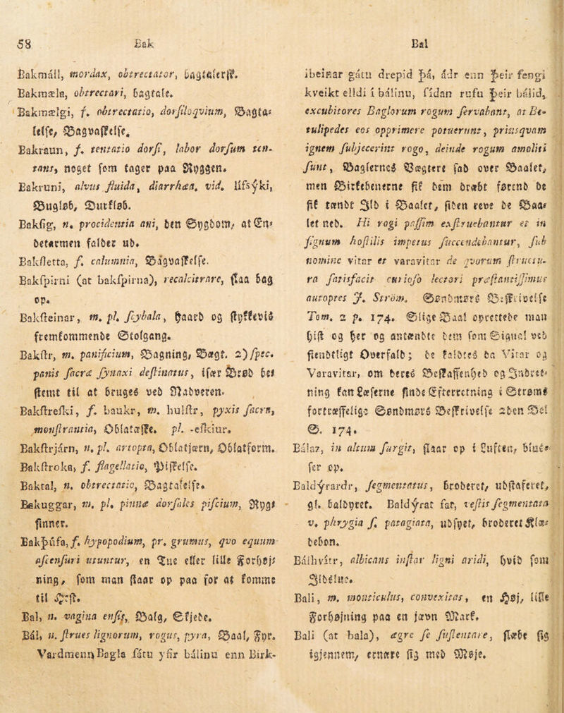 Bakmåll, mordax, obzrectator, Gagtaletgt. , Bakmæla, obtrectari, bagtale. í Bakmælgi, f. oberectario, dorflloquium, Bagtar (e(fe, Bagvaffelte, Bakraun, f. tetttatio dorff, labor dorfum ret. . 0s, noget fom fager paa Muggen. Bakruni, alvus fluida, diarrhea, vid, lifsyki, Buglsb, Burflab. Bakfig, n. procidentia aui, ben Sygdom, at Cn: detavmen falder ub. Bakfletta, f. calumnia, Dågvaftelfe. Bakfpirni (at bakfpirna), recalcitrare, (taa bag 0 Bakfteinar, m. pl fiyóala, — fremfommende Gtolgang. Bakítr, s. panificium, Bagnins, Seat. 2) /pec. panis facra fynaxi deftinarus, ifæv rød þef ftemt til at bruges veð Dlaðveren. Bakftrefki, f. baukr, m. hulftz, pyxis facrm, men[irauria, £6lataffe, Bakftrjárn, 1, på, artopra, O6latjatn, O6fatform. Bakftroka, f. flage!ario, Piftelfe, Baktal, E^ obtrecratio, Bagtalelfas Bekuggar, m, pl, pinne dorfaks pifcium, 91991 — finner. faatb og fyffevið pl. -efkiur en. Tue eller lille Forhøjs sing, fom man faar op paa for at fomme Ego Bal, n. vagina enfis, f5afg, €fjeh Bål, su. firues lignorum, vogus, pyra, £5aal, Spr. Vardmenn Bagla fåtn yfir bálinu enn Birk- afcenfuri utuntur, / A PsC E ibeigar gátu drepid bå, ddr enn eir fengi kveikt elldi i bálinu, fídan rufu þeir bálið, excubitores Baglorum rogum fervabane, ar De» * xod caia ul o RR SENE NA Li hac x RU CARE c a aii Hue tulipedes eos opprimere potueruuz, priusquam — ignem fubjecerint vogo, deinde rogum amoliti | funr, Baslerneð Vægtere fad over Baalet, men £5irfebenerne fif. dem. dræbe førend be. — fi£ tænde Sylb í £Saafet, fien veve de ans let neð. Hi rogi pafjim exfiruebantur er im —— fignum. hoftilis imperus fnccendebantar, fub nomine vitar er varavitar de 2vorüm flruciu- | ra farisfacir cmriofo lectori profflanzif]mus | autoptes F. Strøm, Ganbmerð B:fkriselfe | P. 174. lige aat oprettede man H Diff og Ber eg antændte brem fom Signal ved — fiendtlige Overfaldz be falbte8 ba Vitar 03 T Varavitar, om bereé Beflaffenþeð og Sudree | ning fan Læferne finde Efterectnina í Stromé d fortræffelig? Gonbmoré Beffrivelfe 2ben Gel — Q. 174. j: Tom, a fer e». AR broderet, ubftaferet, í gl. Baldytet. —Baldyrat fat, teflir fegmentara - Ve phrygia f. patagiara, ubfget, broderet Klæ — tebon. 4 i3 xd TO OIXTET j E Bálhvitr, elbicaus inflar ligmi aridi, (vid fom. Oilbetue, $2 Dali, &gt;. mouziculus, convexitas, en dj, lille Torhøjning paa en jævn Mart, Bali (at bala), «gre fe fufieutare, igjennem, ernære fi með Maja. flæbe fb