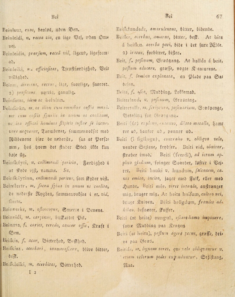 - - Bet Beinlaus, benlag, uden Øen, Beinleidi, m, recta vin, eu lige Vej, n'en. Ons ex0s, vti. T: Beinleidis, prorfum, recrå við, ligeut, ligefrem: QD. Beinleiki, m. officiofruas, Vjenfi(etbigDeb, Bels vitat pes 4g f a) þrejicuus, Beinfanir, RN Zr : 2 Beiuferkr, m, os ílion cum ommnib nyicig, gavnlig. idex ac beininn, us collis maxi. .* y* LE] * Eu : * #0 (CHHBI coftis Jp ius Ho UI UGE O3 OnHIBÀ, ti ina effecti homine s füipitis iuflar fe iucur- | vare nequeant, Tarm net, fammenvotpet med Siióbenene ffær de nederfte, faa at Derfor ten, hos 6oem det fintec Sted iffe fan bøje fig. Beinfkéyti, at ffpbe #, collimandi periria, Serbiabeo í vit, tamme. — $4, Beinfkéytinn, collimandi peritus, Tom ffgbet vit. Beinflertr , on, facra fpiua in unum os coalita, be nebecfle ti fammenvolfne í et, vid, tir. Dei Beinverkr, st, offeocopus, Smerte í Benene. Beinvidi, euartet Di, Beinæta, f. cories, teredo, caucer of, Kræft í Sen, | Beikia, f. acor, Bitterhað, bb. Beifki taz, aceibari , brit. Beifkleiki, B. 6ceróiras, Bitterhed. E27 58, cá rptH 45,   ( inamarefcere, blive, Gitter, | Bei 67 Beifkh undadr, ámarulentus, Gitter, Gibenbe. AE beifku, acerba pari, bide í bet fure Æble. 2) iratus, QU M Beit, f, pafcuum, Qire$gang. At hallda á beit, poflum educere, gvæffe, vogte K:caturene, Beit, f. lamina explanaza, en abe paa Oa Beita, f, ca, adding, Qoffemab, ! pafcuum, Giraáning, Beitartollr, n. fri pa; uro, pafeuat Betaling for CINE 18 1, exzenuo, di'ato meralla, sm ver ud, banfer ud, pænner ub. i - Beiti (i figlingu), Q cuiraho. v, obliqvo vela, vender Sejlene, fryðfer, — Beiti vid, o/mitor,. ftraber imod: — Beiti (fverdi), ad ictum ap. plico gladium, foinger Sværdet, løfter í Vej ver. Beiti hauki v, hundum, falconem, ca. nes emiro, inciro, jager með alf, eller med Sunde. Deiti mér, vires intendo, anftrænger mig, brugere mig. At beita hnífum, cultro. uti, Beiti- brügdum, frandes adi ^j] Áibeo, befuærer, ffuffet, br 102 Bniven. b Beiti (at beita) aungul, s (atte Bol paa grased.   vt pags OMM á Ms es^ Beitiás, Uf lignum. reyes, qu ids ekg v. tiam velorum pedes. B a udautur , el Si dde £ 