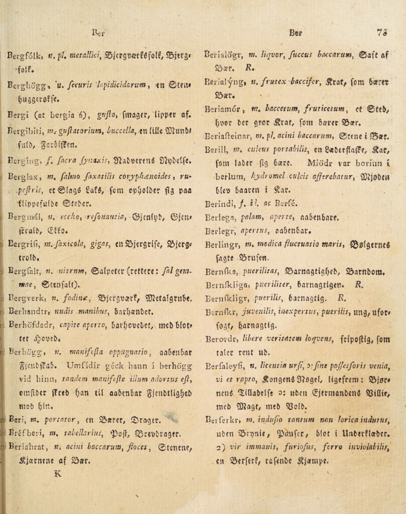 | Ber folÉ. RC Berghüggs Ww. feeuris Tapidicidarum, æn Cte Guggeratfe. gufto, finager, Tipper af. ; h j Bergibiti, s. guffatorium, Guccella,.en (ille Mun fuld, Sorbiffen. | ffippefuíbe Steder, eceAo, wefosnanuzia, Qjantyt, Gia íécalb, (£o, gigas, en S5jergrife, Bjerge trolde e, Stenfalt). tet Sovede aabenbat Simbftab. Umfidir géck hann í berhögg vid hinn, tandem manifefte illum adovrtus eft, måder fred fan til aabenbar qc da mod bin, i en Bærer, Drager. b^ s, acini baccaram, floces , Stenene, Sjetnene af Bær. K Ber 78 Berialdgr, mm. ligvor, fuccus. baccarum, Saft af Bær. R. Berialyng, #, frutex baccifer, Krat, (om bærer Rte | «t Sted, vor ber grov Krat, fom bærer Bær, Berill, t4 culeus portabilis, en gebetflafte, Sat, (om lader fig Gare. Miódr var borinn í berlum, Aydromel culeis afferebatur, Mjøden bles baaren i Kar. Berindi, f..4l. ac Berfé, Berlega, palam, aperte, aabenbate. Berlegr, apertus, cabenbat, Berlingr, m, medica fluctuazio saris, Bølgernes fagte ruten. Bernfks, puerilitas, Barnagtigabed, Barndom, Bernfkliga, pueriliter, barnagtigens — R, Bernfkligr, puerilis, Garnagtig. R. Bernfkr, juvenilis, inexpertus, puerilis, ung, ufots (oat, barnagtig. | Br Berordr, libere veritatem loquens, fip fom. taler rent uð. Berfaleyfi, ti, liceuria urfi, ds so fer foris dd vi et rapto, Kongens 9?2gel, ligefrem : 95igts neng Tilladelfe 93 uben Ejermandens Billie, með Mage, með Bold. Berferkr, m. indufro tantum non lorica inudutus, 2) vir immauis, fuviofus,. ferro. inviolabilis, en Berfert, rafende Kjæmpe. d | ^. N
