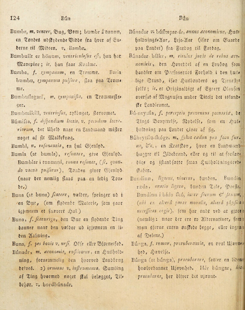 2 Bumbr, tm, venter, Bug, 988m; bumbr á tunnu, en Tøndes ubffpbenbe Miðde (ta þver af Gu derne til. Midten, Bumbullt er hönum, v, Bambra. ventriculofus ef, han har Mavepine; i. Gan faar Kvalme. en Beria. Bumba, f. zympanuse, Fromme, bumbu, tympaitii pulfare , faa m. ron me. Bumbuflagari, m, zympanifte, en Trommeflas ger, Bumbmikill, vextriofas, tyfiuget, florvomet, Bümifza, f. difpendium lactis, v. pecudum lacte- viarum, bet Ubeld naar en Zanbinanb mifter noget af fir Malfefvæg. | Bumb], Bumla (at bumla), refomare, 9, vefonantia, en þul Gienlyð. give Gjenfpb. Va Bumblar ttununni, zouna refonar, (fc, q (naar der nemlig (lang Paa en ledig Tona be.) vælder, fpringer ub í ^en gut, (om flydende Mattie, igjennem et fnævert Qul.) '! Buna, fe Searurigo, ben Bue en flydende Ting danner naar den vælder ub igje ennein en (6 den Aabnings ; p | es bovis v iom gaar efler vufiicarus, en Huibolds „fi Búnadrs. $8, | &amp;conomia, Bigrne:foð,  .Buna. £e A; ning, fornemmelig ben 3 drives, af Ting hvormed noget (fal bel behør. v. bordbúnadr, hvorved dénb nid a) ornaius D inflrumenza, Gamtin ægger, Til: v. búflsapar.ár, annus economictir, foutt | bolbningésXMar,. Leje Mar (lær om Gaarbe í paa Landet) fra. Sorten. auus | Bünadar        Bas Mag. nomicis ,. ben. Boveticl af en ovbog om handfer om Becfonernes SorDolb í ben fu T —li$e Gtanb, i[ar fousósnberó eg. Time, s it, et Originaldigt af Egrert Di avlen erfat af Magnufen under Titel:  Cenbleonet, jj Dü-neyifla, f. perceptio proventus pecuasis, bes d Sepbelie, . holdning paa Landet det íslands | [S 2 $1nao Benyttelle, fem em A3 iir siver af fia. or ma fylva cedua pro foca fura 0, Qratf? huager til eller og til at e Bun e aü-fk« ov, hvor eu Landmand B MM c d. bige og -iftantfstte [maa Á DR ffaber.. at = SRL Ie ct vd áð eT få það e. sl EU EN vÍHCluf, Bundinn, /igarus, funden, in RE 37 EN A reda, 0o8::0 HC HIER, funden EX de,  adi 3.5 I M We NH Bundinn í báða fkó, inter frerum &amp; fax søg að Ad ex Gherá parre moralis, alierá. phy fim Jus (ubt ueceffitas ccgir), fom far ondt veð at gig Stet naar ber cre to Xt &gt; ix DE ernatis (x fem må E: af Post i Bünga, f. ttmor, pr otuberansia, en oval Ujævns beð, fxvcije å fætter en lid om hvælvedannet Ujæsnýeð. Hi büngar, Ár protuberar, her bliver bet ujævnt. | Bünga (at 1 bünga), pr oruberare, 