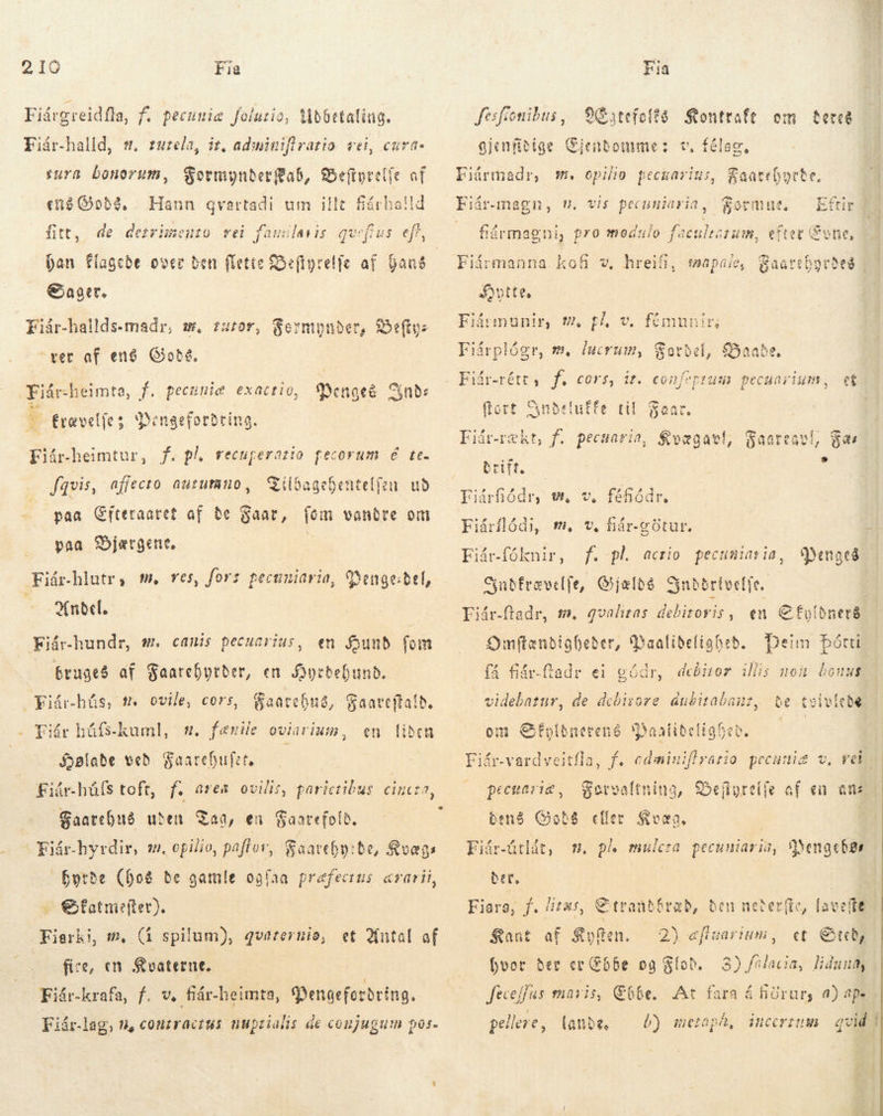 Fiárgreidfla, f. pecunie folutio, Udbetaling. Fiár-halld, s. tætela, it, adwiniflratio vei, cuva- sura bonorum, QSotmynberftab, Sxeftorelfe of enéGo5$. Hann qvartadi um illt fiárba!ld 1 P . . ' fitt, de detrimento vei fauilavis quefus. eff, Sager, Fiár-hallds-madr, sm. ver af eng Gods. utor, Germpnber, Beftys Fiár-heimta, f. pecunie exactio, Penge nds * Erævelfes engeforðring. Flár-heimtur, f. pl. recuperazio pecorum é te. favis, affecto autumno, Tildagehentelfen ud paa Cítetaaret af de Gaat, fem vandre om paa Bjærgene. : Fiár.hlutr, m, ves, fors pecuniaria, Menge:bel, — noc. Fiár-hundr, s canis pecuarius, en Hund. fom bruges af Faarehyrder, en Dorbebunb. Fiár-hús, tm. ovile, cors, Faarebus, Faaveftafd. Tiár háG-kuml, m. fænile oviarium, en liden j5plabe ved Saarefufet, Fiár.háfs toft, f. area ovilis, paricribus cincta, Gaarehuð uden Tag, en Faarefold. Fiår-hyrdir, m. opilio, paftor, Faareby:de, Qvægs byrde (boð be gamle ogíaa prafecrus ararii, - €fatme(tet). Fiarki, m. (i spilum), qvezerzio, et Autal of —— fire, en S vaternt. Fiår-krafa, f. v. fár-heimte, Pengefordring. Fiár.lag, #0, conzracrus nuprialis de conjugum pos: fesfíomibus, 9Qstefoft$ Kontrafe om teret gjenfidige Gienbomme: v, félag, Fiármadr, m. opilio pecuarius, ZFaarehyrte. fármagni, pro modulo faeulestum, efter Sune, Fiármanna kofi v, hreifi, mapale, Faarebyrdes | Syvtte, Flármunir, tf få, v, fímunir, Fiárplógr, m. lucrum, Fordel, Baaðe. ftort Snbeluffe til Fear. Fidr-rækt, f. pecuaria, Kvægavt, Faartavl, as drift, í Fiárfjódr, v, v, féfiódr, Fiíárflódi, m, v. fiár-gotur. Fiár-fóknir, f. pl acrio pecumiasia, Wenges Ciabfrovelfe, Gjælds Cnbbrivelfe. Fiår-ftadr, m, gvalitas debitoris , e € fyldnersg Omftenbigbeber, Daafibeligbeb. Þeim Þótti få fiár-ftadr ei gódr, debitor illis non bonus videbatur, de debirore aubitabaur 137 fer. Ge Y tvivlede om Sfyltnerens Paalideligbeb. | Fiár-vardveitfla, f. cdmiuiflrazzo pecunie v. vei. peeuarie, Forvaltning, S5efigrelfe af en ans dens Gods eller Kvæg, | Fiár-útlát, m. ph muleza pecuniaris, Wengebør der, | | Fiara, f. litas, Etrantbræð, ben ncterfie, favefte Kant af Kylten. 2) efiuarium, et Ce, hvor der ev Ebbe og Flod. 3) /Alacia, liduut Jeceffus maris, Ebbe. At fara á hörurs a) ap- pellere, lande, 6) metaph, incerrum qvidd