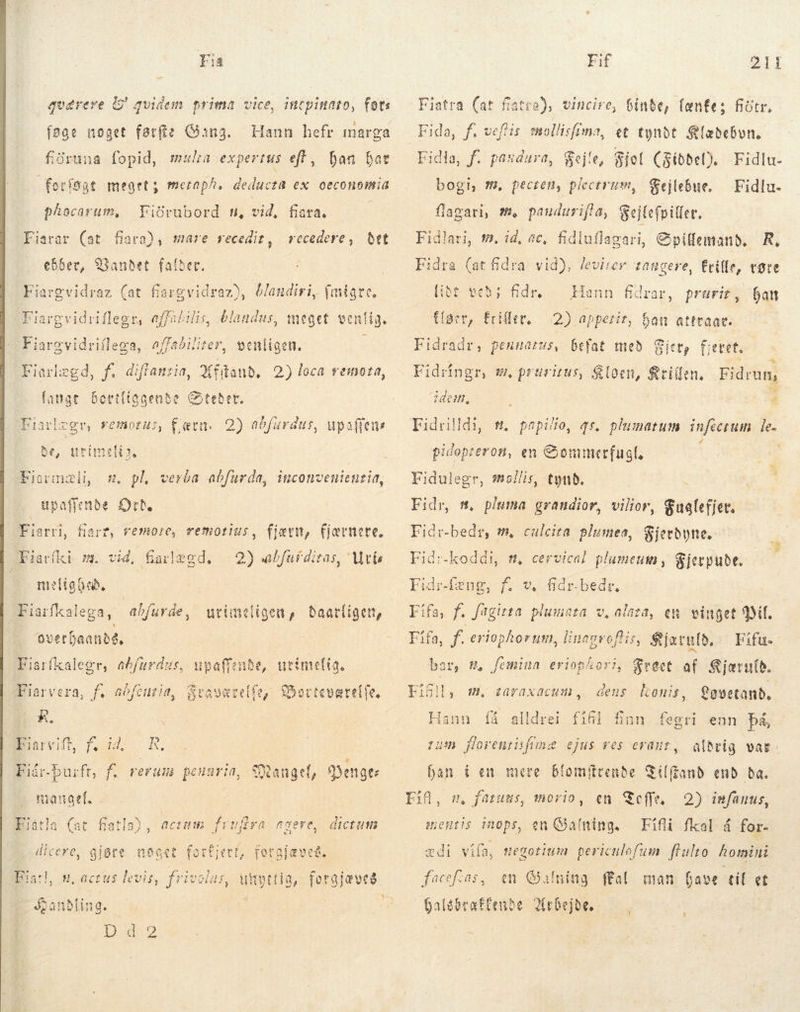  querere E' quidem prima vice, incpinato, fots * i føge noget førfe Gang, Hann hefr marga fidruna fopid, mula exper Fus eft, ban har forisat meget; merap^. deducra ex oeconomia vid, fia ata, recedere, Det Fiðrubord #, (at fiara), mare recedir, phocarum, Fiarar ebber, Vandet falder. Fiargvidraz (at fargvidraz), blandiri, fmigre, Fiarg vidrifle egt affabiis, blaudus, meget venlig, Fisrzvid 'iflega, oai ter, y Fiarlægd, i diftanzia, A(fitanb, fangar Bert(iagente Steder. 2} enligen. 2) loca vemota, s, pl, verba abfurda, inconvenienzia, tpaflende Orh. Fierri, f Fiaríki 22. art, vemore, vemotius, fjetu, fjærnete. 2) abfufditas, Mtis vid, fiarlegd. meligbeð. | Fiarfkalega, abfurde, urimeligen, Daarligen, ovetpaanbé, Fiarfkalegr, abfurdas, up imelta. affende, ur Þiarvera, f. såfentia, | Boarvift, f. áð, Á. Flár-þurft, f. rerum peusria, Mangel, Menger mandel, EY Fiatla (at fiatla) , actum frufra acere, dictum 2anbling. Fiatra (at fiatre), vincire, Ginte, (enfe; Botr, Fida, f. veflis smollisféma, et tyndt Klædebvn. Fidia, f. pasdara, Fejle, Fjol (Sibbel), Fidlu- bogi, m, pecren, plectrum, Kejlebue. — Fidlu- flagari, 7, paudurifla, Sejtefpitfet. Fidlari, m. id, ac, fidluflagari, Spillemand. R. Fidra dE fidva vid), leviter tangere, Erille, vate [ibt ved; fidr. — Hann fdrar, prarit, ban 2) appetit, ban atteaat. Fidradr, pennatus, befat med Fjer, teret, Fidríngr, m. praritus, $loen, &amp;iílen, Fidrun, idem, i E pidopteron, en Sommerfugl. Fidulegr, mallis, tynd. Fidr #, pluma grandior, vilior, gusfefje: Fidr-bedr, m, culcita plumea, Sjetbyne.: Sjerpuðe. Fid:-koddi, m, cervical plumeum, Fidr-Deng, f. wv. fidr-bedr, Fífa, f. fagirta plumaza v. alaza, en vinget Mil. Fifa, f. eriophorum, linagroflis, Kjæruld Fifu- bar, m, femina eriophori, $rect af Sjoetuíb. FISH, m gesetanb. Hann züaraxacum ,… deus conis, fá alldrei fifi finn fegri enn þá, run florentisfimæ ejus ves eraut, aldrig vat. Dan í en mere blomfrende Gilffanb end da. Fi, m, fatuus, morio, en Toffe. 2) infanus, mentis ops, en Galning, — Fifli fkal á for- mdi vifa, segorium periculofum. flulto homini focefias, en Quining ffal man have tif et halsbræffende 2ebejde.s