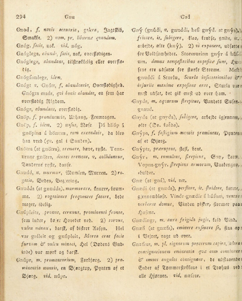                   294 Gru Gnod, f. mavis actuaria, grlera, Sastftib, Cmaffe. 2) nom. pr. liburnæ qvondam. Gnóg, fatis, vof. vid, nóg, Gnáglega, cóunde, fatis, nof, over flabígen. abundans, tilftræffelig eller overfles T Gnóglegs, tig. OR Gnóglamlegr, idem, Gnógt v. Gnótt, f. abundantia, Overflødigbed. Gnógta madr, qvi bonis abutidat, en {em har overflødig Migbom. Gnógr, abundans, ct , Híbæna, -Fremtagen. Meæfe. Þá hlidp á da blev Gnop, f. promiuensi Gnip, f. idem, ss nafus, gnüpina á hönum, rum excauduit, gal í Enuðen). Gnótra (at gnötra), zremere, hæve, tute. Tenn- han vred (zv, urnar ik dentes trement, v, colliduntur, vue, dante. Hiumlen, Murren. 2) ro. gatio, geben, Sbegiering, Gnudda (at gnudda), murmurare, Tnuvre, brums bede Gnudd, s, murmur, me, 2) rogarisses frequentes facere, „meget, idelig. Gnüpleitr, promus, cernnus, prominent fronte, fom luder, bøjer foovebet ned. valtu miuax, bar, af biftert Mafyn. var gráleit og gnüpleit, furvam 49 vuliu minaci, pd (Dødens iius inde) vat marf og farff. . 2) torvus, Tel Morta erar facie Gorbjærg. 2) pro- minentia montis, em Øjærgtop, Þynten af et Djæra, Gnúpr, m. promontoríum, vid, núpr Goð Guy (gnüdi, ?, gnuddi, hefi gn$d, at gnýa)) fricare, it, fubigere, .ffao, Eratfe, gnide, en, arbejde, ete (kny). 2) vi exponere, utfætte!t for Boldfombeder. - Stormurinn gnyr á hélt  um, domus rempeflaribus expefite funr, fen (rne ere ubjatte for (tarfe Ctorme. — Mefth Seurla infectationibus AF? Gturla vatt nift uðfat, Bet gif meft ud over Dam, * Gnydr, $n, agvarum frepiras, SBanbeté Cue, : gnaud, gnuddi á Sturlu, dujariis maxime expofstus erat, Gnyda (at -gnyda), fidigere, arbejde (ojennetm, elte (Se. fafiba). ; J^ dear IC . E E ^ Gnýpa, f. faftigium snouris prominens, Pyntenn af et £5ierg. Gnýptr, præruptus, fejl, Grat. Gnýr ab ferepisus, Quo, Vopna-gnýr, f'repisus avmorum, Sügaabengny,, mm, tumuli Patti, . skuldar. ^ | Gne (at ená), vid, næ. 'Gnædi {at gnæda), perflare, it, flridere, fatwt,, giennemblæfe. Vindrgnadir á håfum, veatasi verberat domus, inden piffer, former paa fufene, | Gumedíngr, m. aura frigida jugis, fold: Vinde Gnæf (at gnæfa), eminere exferere fe, fina op) i Gejret, rage ud over. Gnæfrar, f, gl. tignorum prpcertm capira, ultra conrignmarionem eminentia qua eam cominenti 4? omnes angulos contignanut, be ubftaaenbet Ender af Sommerftoffene i et healed ved! alle UMS vid, næfrar.