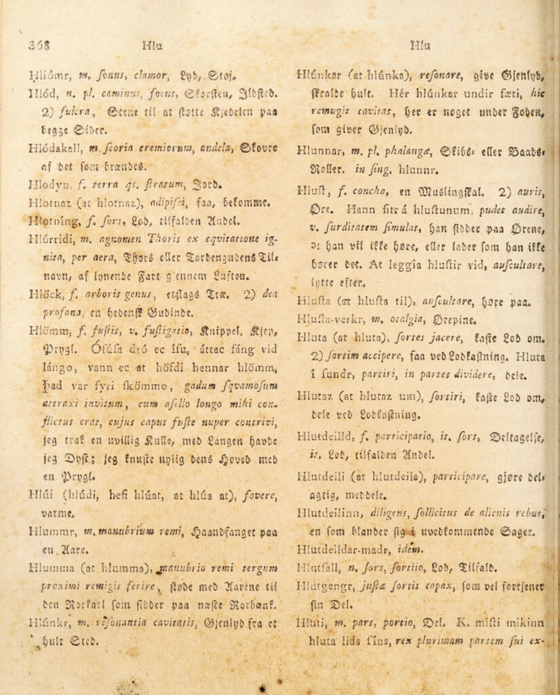 E caminus, focus, etf, Siftfcb. tene til at fatte Kjedelen poa $s P mm, fonus, clamor, qe Sider, Hiódakal!, m. fioria eremiergm, andelay Steve af det fom bronbed. í Hledyn, f. terra qs. firatum, orð. Hlotnaz (at hlotnaz), faa, befomme. Hietníng, fa fori, Lod, tilfalten Andel, H lórriði, m, agnomen Thoris ex egvitattone ig- adi pift, navn, af forente Fart g ennem Quften. dick, Ís arboris genus, etilag8 Træ, .9) dea profana, en” eben f Qiubinbe,. Fs fuf, V fuflizstio, ftuippet, fie, -Ótú fa dró ec (fu, ' áttac fáng vid Hlömm Bu va nn ec at höfði hennar hlönm, i pad var fyri fkörnmo, gnraxi in solemn cum afello longo mihi ione : i | gadum favamofum Jlictus erar, eujus. caput fufle uper contrivi, jeg traf en uvillig ute, med Langen habe en. Depot. Hlái (hi udi, hefi hláat,. vati, at vd 89, fesere, Hiummr, t, æn reni, Gaandfanget paa en Hate. ——— | A Ls nma (at h lamme), qpanubrio remi sergnm fløde med Mavene id „Ben Barkar! (eim foder paa. nefte Sterben, Hlånker, e. réfonantia caviraris, imos fra et proximi. VOHID feri ipe, iN VES EON s Out Et. | Tow wer a EA Ee dee 1 TOM MU me Ms d den ad AR ^ Ara.  Hlénkar (et hlánka), refonare, give Genus, | ffrafte bult. Hér hlúnkar undir fæti, Aie - remmgir cavitas, Det er noget under GobeH, í four giver Chjenígb. 4 Hlunnar, t. pl, phalsnge, Gióts eller fðaatör Koller, iu fíng, hlunnr, Hit, f. concha, em SOuélinoftat. fre Hann fitr á hluftunum, puder n | v. furdiratem fimulat, han fiðber paa Í Dtene, ] 2: ban vil iffe høre, eller lader fom han itfe- hører det, At leggia hluftir vid, aufcultare,. j lytte efter, |  Hinfis (at hlufta til), aufcultare, Gore paa. I ; Íðrepinta Hluta (ar hluta), forzes jacere, Hlufta-verkr, mm, otalgia fate ob om. 2) fortim accipere, faa veð Gobfafning. Hlata | í fundr, partiri, im partes dividere, dele, Hlutaz (at hlutaz um), forriri, tete ved Lobfaftuing. fafie Lod om, í gd ES f. participatio, it, fors, Del tagelfe, VA ^, €ob, tilfalben Andel. Hlutdeili (at hlutdeila), parzicipare, gjøre dels 