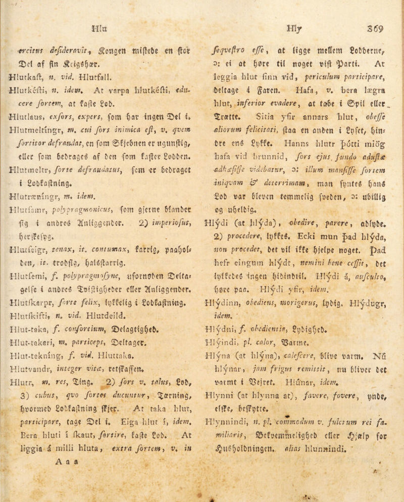 ærcitus defideravit, Qongen. miftede em fiot Del af fin Krigsbær. Hlurkaft, m, vid, Hlutfall. Hlutkéfti, v. At varpa hlutkéfti, eda cere fortem, at fo(ie €ob. Hlutlaus, exfórs, expers, fom har ingen Del í Hlutmeltíngr, zu, cti fors inimica efl, v, quem idest, Jorritor defraadat, en fora SÉjednen ev ugunftig, eller fom bedrages af Ben fom faster Lodden. . Hlutmeltr; forte defraudazus, {um et bedraget i obfa(tning. Hlutre Hlutfamr, polypragmonicus, fom gjetne Hlanbet fig á andteð Knli 2) imperio/us, Geritelpg. : Hlutfeigr, tenax, it, contumax, farrig, paafols ben, ir. trodfig, Daléftarrig. | Hlutfemi, f. polvpragenofyne, ufotnoten Delta: gelfe i andres SvigigDeber effer Anliggender, Hlutfkerpr, førre felix, tgtfelig á £obfafiniag. Hlutfkifti; 5, vid. Hlutdeild, Hiut-teka, f. confortium, Delagtighed. Hlut-tekari, wm, parriceps, Deltager, Hlut-tekning, f. vid. Hluttaka, Hlutvandr, inzeger vite, tet(faffet, - Hlutr, #. res, ging. 22) fors v, zalus,. got, (s 8) cubus, ^ qvo fortes. ducuntur y &gt; Tærning,  Dvotmeb gobtafining: ffir. At taka hlut, tage Del í. Eiga hlut í, idem, 3 i Bera. hluti í fkaut, forrire, fafte Lod. m enin gr 9 idem, agcnter, participare,  T7 A  Jeqvefiro effe, at ligge mellem Lobderne, 2; ei at høre til noget vift Parti. At leggia hlut finn vid, periculum participare, deltage 4 Karen. Hafa, v. bera lægra hlut, inferior evadere, at tabe i Spil eller Frætte, — Sitia yfir annars hlut, obeffe Aliorum felicitari, (aa en anten í €vfet, hin: bre ens Lytte. hafa vid brunnid, Hanns hlutr þótti miðg fors ejus, fundo adaftæ adhæfifje videbarur, 3; illum manfilje fortem ánigvam E deterrimam, man fontes fané Lod vat bleven temmelig foeben, 2: ubillig eg uheldig —— ^T aps ^ Hlýdi (st hlýda), dbyies: jar adlyde. 2) procedere, lyffeð,, Ecki mun Pad hlýda, non preceder, bet vil iffe. bjelpe noget, Pad hefr eingum hlýdt, memini bene: ceffit , bet lyffedes ingen Dibinbtif, HlYdi á, Qu ae Døre paa. Hlýdi yfir, idem, | Hl$dinn, peo hi eu dydig. Hlýdugr, idem. RENS Hlýindi, pl. calor, Barne, Hlýna“ (at hlýna), « ca Ni nu bliver bet Hidnar, idem, efceve, blive varm, hlýnar , jam fri remittit, varmt Í Vejret, elite, Geffytte, TE T a. miliaris, - Befvemíneligbeð eller Hjælp for inga alias hlunnindi, i [^ já | 7 i | t gr 3 =                                