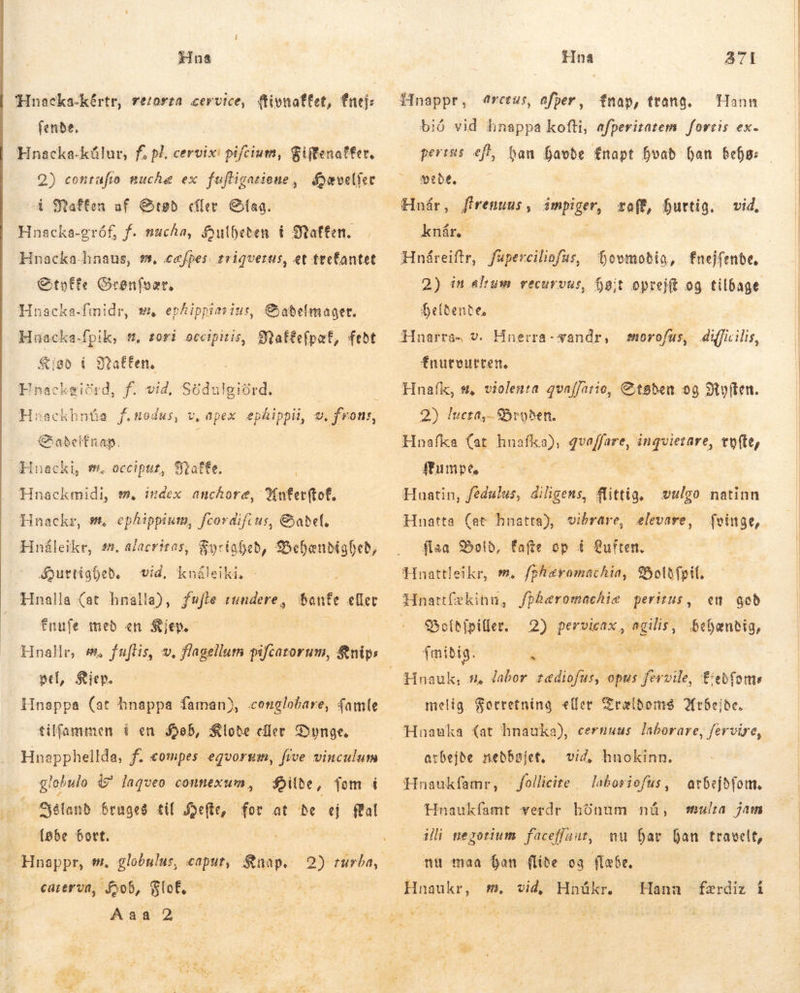   Hna | Hnacka-kértr, retorta cervice, ftivnaffet, fnej: fende, Hnacka-külur, f. på cervixi pifcium, Fiftenafter, 2) contufio nuche ex fufligatione , HGjævelfer st Steffen af Stød dler Sag. f. nucha, Aulheten í Natten. Hnacka.hnaus, me, cæfpes:triqverus, et ttefantet Qtotte Srønfvær, Hnacka-fmidr, 2, ephippiasius, Gjadelmager. Maftefpæf, fedt Hnacka-gråf, Hiuacka-fpik, f, tori occipitis, Hnackgiðrd, f. vid, Südulgiórd. GC abelfnap. Hnacki, f. occipuz, Malte. Hnackmidi, em, index anchore, Unferfot. Hnackr, st, ephippium, fcordifius, &amp;abel. Hnáleikr, 45, alacritas, $9ríofeb, Behændighed, Gurtighed. | vid, knáleiki, - Hnalla (at hnalla), fufle sundere , fnufe med «n Sjep. Hnallr, #, fuflis, v, fa nm £uip vel, ien. Hnappa (at hnappa reen conglobare, famle tilfammen i en ob, Kloðe eller Dynge. Hnapphellda, f. compes: egvorum, five vinculum Hilde, fom i Menu fruges til Here, for at be ej ffal løbe bort. | - Hnappr, m. globulus, caput, fuse. caterva, Bob, Glof, - 3s Au 27 benfe eflet . glohulo i? laqveo connexum, Hna 371i Hnappr, dreras, afper, fnap, trans. Hann bió vid hnappa kofti, afperitatem fortis ex. orbe. Hnár, firenuus, impiger, vafð, hurtig. vid, kú -. : Hnáreiftr, fuperciliofur, fovmobia, fnejfenbe, (2) in sfrum recurvus, Ígit optejt og tilbage Delbente, morofus, difficilis, fnurvutren. | | Hnafk, s, violenta qvaffatio, Støden og Stoffen. 2) lucta, Sroben. — | Hnafka (at hinafiso), Tonus, us tofte, ffumpe, Hnatin, fedulus, diligens, flittia. dia natinn Hnatta (at hnatta), vibrare, elevare, fvinge, flaa Bold, fafte op 4 Luften, á Hnattleikr, sm. fshæromachin, $5olbfpit. Hnattfækinn, fpheromachie peritus, en god Soítipillet, 2) pervicax , agilis, behændig, fmiðig. S bad ap. 4 fiebfon melig Forretning eller Trældoms Arbejde. Hnauka dat hnauka), cernnuus laborare, fervire, arbejde nebbsjet, vid, hnokinn. Hnaukfamr, — follicite . Hnaukfamt verdr hónum nå, laboriofus, arbejdfom. multe jam ili negotium faceflaut, nu hav han trawelt, nu maa ban (libe og flæbe. m. vid, Hnükr. Hnaukr, Hann ferdiz i            