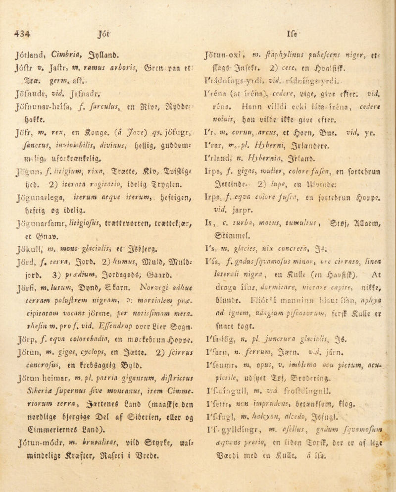 Jótland, Cimbria, Syptlanb. Sae. germ, aft. Jöfnudr, við, fefnadzr, Jöfnunar-hrifa, f. farculus, batfe. fanctus, inviokilis, divinus; hellig, guddom: ug, uferfrenfelia, | ]égum Jj. iigium, rixn, . qviftia: idelig Srpalen. iperum atque. irevum,., Trætte, $io,. bed. 2) irerata rogirarto, Jögunarlega, beftigen, heftig eg idelig. | Jögunarfamr, lizigiofus, trættevorren, trætte; jær, et Gnav. Hn MONE sal et^ Sy8bjera. Jord, f. terra, Jord, jord. 3) pradium, Ciorbegobé; Gaard. - Jörfi, m. lutum, Dynd, € rerram paluftrem nigram, 2: mortialem pra- Jökull, farn. — Norvegi adhue eipitAtam vocanr jórme, per morisfenam meta. zhefín m. pro f. vid, Effeudrop over Lier Gogn. Jörp, f. equa colorebadia, en macte$run oppe, Jötun, ». gigas, cyclops, en Sætte. cancrofus, en Érebáagtig Sylb. Jötun heimar, m. pl, patria gigantum, diflrictus Siberia fupernus frve moniauus, item Cimme. riorum terra, Fætteneg Land (maaffje den nordlige bjergige Del af Siberien, eller og Cimmeriernes Land). Jótun-módr, m. bruralitas, vild Etyrfe, wal; mindelige Kræfter, Maleri i Vrede. 2) feirrus Jótun.oxi; m. flaphylinus: gubefcens. niger, et: flågs&gt; Synfeft, 2) cete, en fovatfiff. I'rádnings:yrdi, vie. rádnings:yrdi,. I'réna (at iréna), cedere, vige, give efter; vid, réna,. Hann villdi ecki láta-iréna, cedere noluit, han vilde iffe: give efter, I'r, m, cornu,.arcus, et Born, Bue, vid, yr. I'rar, w..pl, Hyberni, Selantete. I'rland; n. Hybernia, Slam. | Irpa, f. gigas, mulier, colore fufca, en fottcbrun Settinde.. 2) lupa, em livinbe: Irpa, .f..egva colore fufco, en fottebrun Hoppe, vid, jarpr. Is, c, turba, morus, tumultus, Støj, Alarm, Stimmel, l's, m, glacies, mix concreta, S8; Eís, f.gadusfqvamofus minor, ore civrato, linea: en Kirle (en Hash). draga ifur, dormiirare, nictase capite, laterali nigra, niffe, , aphya ad ignem, adagíam pifcarorum, ferð Sulle et fnart Éogt. í l/fa-lóg I'farn, n. ferrum, bíunte. | Flióét^i manninn bhiant [fan g, t. pl, junctura glacialis, Ná, Særn. vid, járn. I'feumr, my opus, v, imblema acu pictum, acue ubípet €gj, SSrobering. | I'Ccíngull, m. vid. froftdíngull, picrile, lfettry mcn imprüdeus, 6etenf(om, Elog. . - I'Cfugl, m. halcyon, alcedo, Sefugl. | l'f-gylldingr, s. e/éllas, gndum (gvamofum .— en liden Sorff, der et af ue Værdi með en Sulle, ægvans prerio, á ifa,  