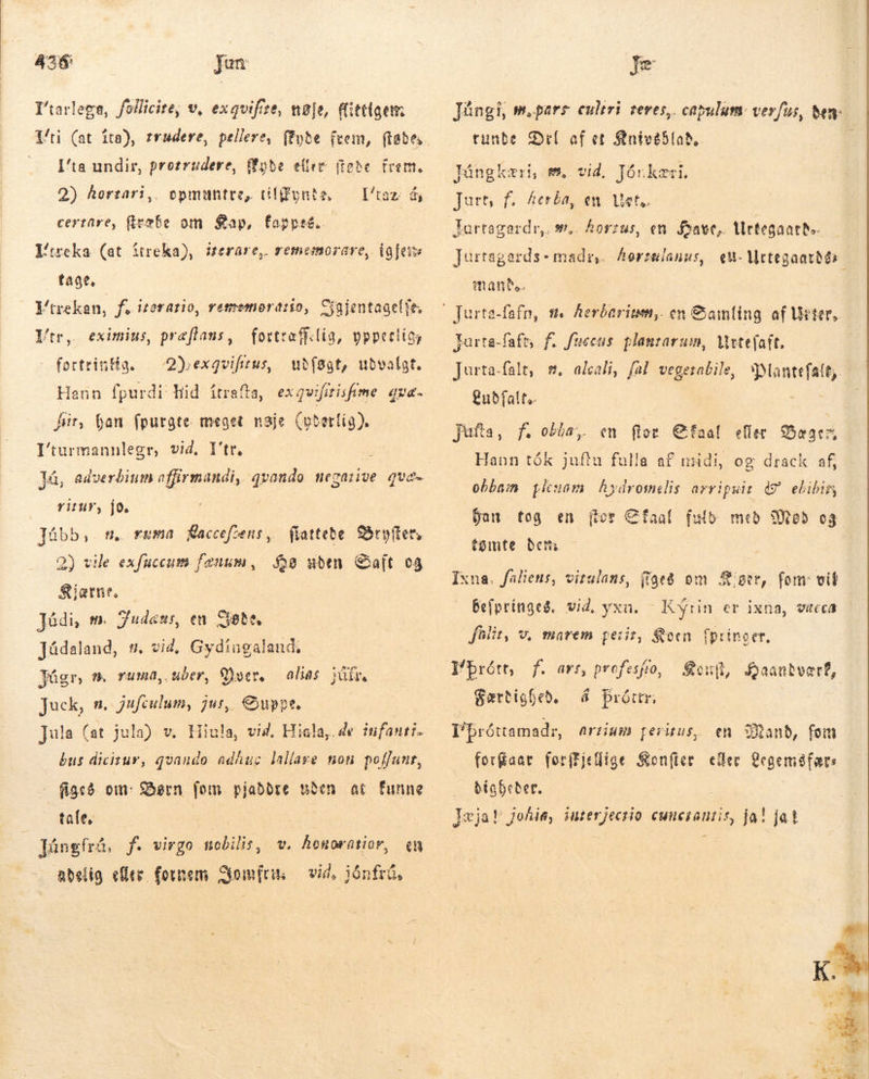 426 Jun I^arlege, follicite, v, exgvifite, nøje, Miteigem I'ta undir, protrudere, yde elec fede frem. 2) hortari, opmuntre, tilfynta, certüre, fræbe om Sap, fappes. Itreka (at ítreka), Gerare, rememorare, ig jens I'taz á tage. Ftrekan, f. iteratio, rememoratio, SYgjentagelfe, fortraff.lia, ypperlige Oyexqvifitus, udføgt, udvalgt. Ftr,. eximius, præftans, fottrintia. ir, ban fpurgte meget nøje (yderlig). Iturmannlegr, vid, I'tr, i Jú, adverbium affirmandi, qvondo negative gvæ- ritur, jo. Jább, m. ræma Raccefæns, flattebe Shryftet, 2) vile exfuccum fonum, Hø uden Saft 04 Riærne, Júdi, m. Fudens, en Siete, Júdaland, s. vid, Gydingaland, Júgr, =. ruma, uber, Mer, alas júír juck, n. jufculum, jus, Suppe, Jula (at jula) v. Hiula, vid. Hiala,.de ?nfanti- bus dicitur, qvando adhuc lallare non poffunr, figcð om: Børn fom pjabbre uden at funne tale, | Jángfrá, f. virgo nobilis, v. honorütior, en adelig eller fornem Jomfru: vid, iónfrü, Je Jángi, m.parr cultri teres,… capulum verfus, Ben: tunde Del af et Snivéblab, Jángkzri m. vid. Jór kæri. Jurt, f. herba, en Vet, Jurtagardr,. m,. horzus, en Dave, Urtegaard Jurtagards- mads, hertulanus, e Metegaatbés mand. Farta-faft, f. fuccus. plantarum, Uvtefaft. Jarta-falt, #. alcali, fal vegetabile, Mlantefalt;. Quðfalt.. jufta, f. obbe,. en flot C€faal eller Bager, Hann tåk juftu fulla af midi, og drack af; obbam plenam hydrosnelis arripuit &amp; ekibir jan tog en (tot Sfaal fuld með Mød og t$mte dem | Ixna, füliens, vitulans, 83e om Riger, fom vit Befpringeð, vid, yxa. Kýrin er ixna, vieca flit, v, marem petit, Koen (prinser, Wþrótt, f. ars, profesfo, | oui, Sartigbeb. á Dróttr, I'próttamadr, artium perius, en Mand, fom forkaar forffjellige Konfter eller Qegeméfats digbeder. &gt; Jæja! johie, iuterjecrio cuncrautis, ja! ja! Sjaanbverf,  