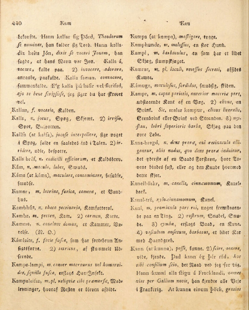 Befrafte. 'Hann kallar fig Þórð, Theodorum fé nomínar, han falder fig Fort. Hann kalla- dir heita Jón, dixir fe vecari Fouam, ban fagte, at Dane Savn vor Hen. Kalla á, falde paa. 2) invocare, adorare, anradbe, -paafaíbe, | fammcnfatbe, ;E'g kalla þú hafir -veldkrifad, 496 re beue foripfisfe, jeg. figce bu bar revet mel, Kallan, f. vocatio, Kalden, Kalls, sn focus, Spøg, Gfjemt. 2) irrifeo, Spot, £5«potten. Kallfa (at ka!fa), jocofe interpellare, fige noget á € poa, falde en faalebed inb i Talen, 2)ir- ridere, ute, befpotte. Kalls bréf, t. codicilli officiorum, et Salbébtev, Kám, tt, macula, labes, Cuba, UDE 28 CS Kalla faman, convocare, fmubd fe. Kamar, m, latrina, forica, camere, et Band: Dui) 5 hs Kambhús, s. theca peceiuavia, Kamfutterel, . Kembr, am, pectem, Ram, 2) carmen, Karte. Kamers, -n. conclave domus, «t Kammer, Bær telfe. (32. 0.) Kåmlgsitr, f. facie fufca, (om bat fertebrun An: figtéfatot, — 2) zericus, af ffummelt Mb 'feenóe, Kampa-lampi, 1. cancer macrourus vel homoroi- des, fqvilla fufca, etflagð oaviCin(eft, Kampaleifer, mpl, veligviæ cibi præmorfæ, Mads levninger, bvoraf Refien ec bleven a[8ibt, : Kau C€tico, ftumpffiaget. Kate, : «Kámugr, eaculofus, fordidus, (mubfia, ffiben. Kampr, s, caput parietis, auzevior macerig part, dibfíaaenbe Kant af en æg, 2) clivus, en Brint, Sic, malar kampur, .elivus literalis, € tenbcin£ eller Briné veð Stranden. 2) my-- fix, labri fuperioris barba, Sfiæg paa ben øvre Læbe. Zana-bragd, s. dens prore, cui æerinacala elli. gantur, alis nodus, quo dens prora induitur, eet yðerfte af en Baade Sor(taen, Door So: ørne bindes faft, eller .og ben quube fvormcb bette fjer. Kanelbürkr, 4n,-canella, cinmamomum, Kanels. barf. de paa en Ting, 2) roflirum, abel, Snus be 3) omba, etflagé Baad, en Kane. med foaanbgreb, tibi -confilinm „fcio, bet Raad ved jeg for Dig. ias per Galliam novir, han fjenbte alle Veje — *