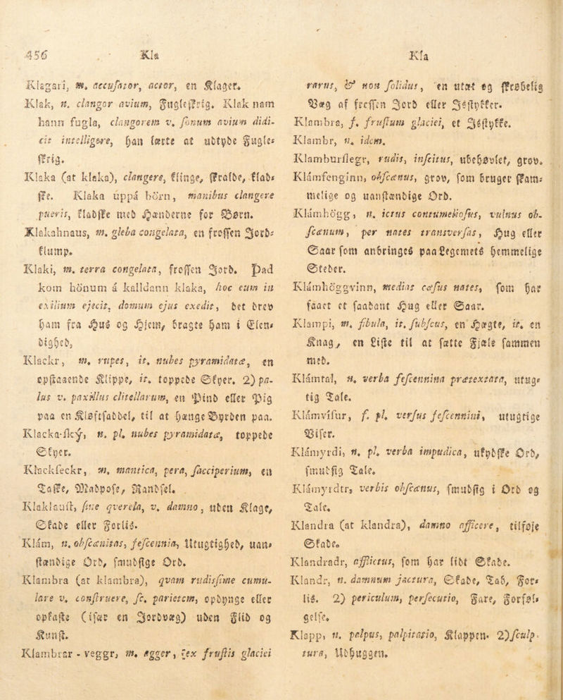 Ála en lager. {lak nam Klegari, #, dccufásor, acier, Klak, hann fugla, climgorem v, fonum avium didi- ban lærte at ubtgbe Fugles 8. clangor avium, Gugleffrig. I cit intelligere, frig. Klaka (at klaka), elangere, flinge, Øralde, f£ fce. pueris flabffe med ænderne for Børn. Klakahnaus, #. gleba congelaza, en froffen Ford flump. Klaki, m. terra congelata, froffen Yord. Dad kalldann klaka, 40e eum iu Bet Orco bam fra Hué og Hjem, Stagte ham í Clens (abs Klaka úppá börn, manibus clangere kom hönum á exilium ejecit, domum. ejus. exedir, m, vupes, it, nubes pyramidare, en ep(taaenbe Klippe, iz. toppede Gfyer, 2) pa- lus v. paxsllus clitellavum, en Bind eller Big paa en Kleftfaddel, til at hængeByrden paa. Klackafhy, #. pl, nubes a toppede Gfyer. REN 9n mantica, pera, fåcciperium, eu Safe, Mlaðpofe, Handíel. Klaklauít, fre gverela, v, damno, Stade eller Forlig. Klám, 1, ebfógniras, fefcennia, MtugtigDeb, uan ftenbige Orb, fmudfige Orb. Klambra (st klambra), qvam rudisfme cumu- lare v, comfirueve, fe, pariezcm, opdynge eller opfag&amp;e Cifae «n SYordvæg) uden Flid og &amp;unft. Klambrar - veggr, n egger, cex fruflis glaciei uden Klage, Ka €^ won folidus, em utet #0 ferøbelig Væg af frcffen Jord eller Sóftvéfer. Klambra, f, fruffam glaciei, et Séflyftr. Klambr, #. idcm. TOT, Klámfenginn, okfcænus, otov, fom bruger (fam: melige og uanftanbige Orb. Klimhügg, m. jerus contumelofus, vuluus ob. Hug effer C aar {om anbringes paa gegemeté joue Steder. Klámhégegvinn, stedias Ás HAfet, faaet et faaðant Aug eller Saar. fcænum, per mares traniver fas , fou 5 at nag, en Life til at fatte Siate fammen med. Klåmtal, tig Tale. Klámvifur, f. på, verfus fefcenniui, Vifer. * Klámyrdi, t, pl verba impudica, ufydffe Orð, finutfig Tale, Klámyrdtr, verbis obftanus, (mubfig ion eg S afe Klandra (at klandra), damno officere, G fatte, Klandradr, effictus, fom Dae fibt. Stade. Klandr, th. demnuum jacture, Cfabe, Tad, Fors lis. 2) periculum, perfecutio, Fare, Sor(2b gella. | | Klapp, t pelpus, palpitazio, Klappen. 2) feulp Iura, Ange 5, verba fefcennina prærextara, utuge ttugtige tilføje #4