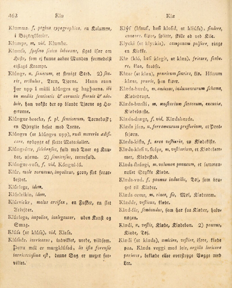 A63 Ko Klumma, f, página í Boat siad #, vid, Kiumbr. iypegraphica, em Sofumne, ryfferier. Klumfa, fpafmo fiuico laborans, fige ifer om fom ej funne aaóne Runden (ormebetg tíflagð Era int, Klángr, #. faxerum, et flenigt Sted. 2) fen. tis, tribulus, Korn, WViorne. Hann rann þar upp í milli klángra og hagþorna, i/i in mediis fenticetis 49 cornetis fornir &amp; ado- luit, ban vof(tc bet op blandt Sjerne og Ha: getorne. Klúngur.breckr, f. pl fensicerum, Tornebufes «n lerglie Befat með Torne. Klángra (at klúngra upp), rødi materia «dif. care, opbygge af flette SRatectaltet. Klüngróttr, fülebrofus, fuld með Tuer og Knus der, ujævn. 2) feuticofus, torncfalb. Klüngur-vofa, f. vid, Kóngul-16. Klür, male tornarus, ismmpolizus, geo, flet forars Bejöet. Klürlegr, idem, Klárleikin, idem, Klürvirkr, malu: i eit dufter, en flet Arbejder. Klúrlega, impolite, iuelegauter, E Smag. Klüfa (at kláfa), vid, Klafa, uden Sonft og Þetta mål er margklüfad, lis ifla forenfis denne Sag er meget for: vt intricozisfuna eft, vitlet, Ki Xf (klauf, hefi klofið, at kliüfa), fíndere, cuneare, Cigoe, fplitte, (Fille að veð Sie. Klycki (at klyckia), campanam pulfare, vinge en effe. | Klæ (kló, hefi klegit, at klæa), fricare, fcabe- re, Elna, frabfe, Klæa: (at klæa), prusirum.feurire, tig. Hönum »klæar, prurir, han figet. ; Klæda-burðr, tm amicsus, indusentorum fchema, Klædedragt, | Klæda-buríti, m», mufeavium dietum, excutid, S ietebair(te, Klæda-drægt, f, vid, Klædaburdr. ! Kleda járn, ti, ferramentum prefforitm, ci ted: fejærn, | Klæda-kifta, f. area veffiarit, en &amp;fabctifte. mer, Siabeftab. | Klæda-ftrángi, m. volumen panneum, et fammen: rullet EStyffe Klæde. Kleda-vod, f, pannus indutilis, Tøj, fom brus geg til Klædev, Klæda.ormr, s, rines, fs, Mel, Klæbeorm. Klæddr, veftirus, Elæbt. Kiæd-fár, /eminudus, (om bat (aa Klæber, halve höfen, Klæði, n. veftis, Klæde, Klæbdebon. Klæde, Tøj. | E, Klædi (at kleda), amicire, veflire, ifate, elus pan, Klæda veggi med leir, argilla loricare parieres , ua (ee overkryge ego med Ler. á 2) pan [fs