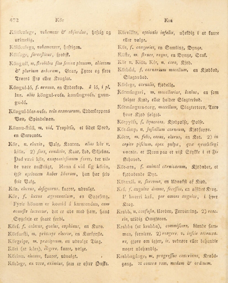 abfurdus, heftig og Kölíkulega, vehementer, Geftigen, K ölíagi 4 fareaf food ie, Küngull, m, flrobilus five fewen pinunm, abierum Gran, 8orre og flere Greeró Frø eller Qongler. Tcu. &amp; plurium arborum, Köngul.ló, f. arauea, en Goberfep. á 16, í pl, lær. alis köngul-vofa, konüngvofa, gaun- guld. Küngul-lóar-vefr, tela araneorum, &amp;obertoppenó Vær, Spindelvæv, Könnu-ftóll, m, vid, Tipo, s et lidet S3» en Cervantes Kör, u. electio, Valg, Kaaren. alias kér v, kiür, 2) fors, conditio, Kaar, ob, Sfjebne. Dad væri kår, exoprarisfunum farer, tet vits be vare BDnifeligt, Hann á vid fig kórin, ipfe d haber lióeram, han bar (elo frit V afg, Kör, electus, defiguatus, faaret, x un Kør, f. lectus en Bysefeng. Fyrir hönum er komid á kararendan, cum agrorantium ,. acuefle luctarur, þet et ude með Dam, Gang .&amp;geleje et. fnact. forbi. | Körf, f. calarus, qualus, cophiuus, en ure. Kürfurfti, ís. princeps elector, en. urforte. Körgripr, m. praecipuum, en udvalgt Ting. Køri (at kóra), eligere, faare, vælge. : Körinn. electss, faatet, udvalgt, o Körlegr, ex vare, eximius, (om ev efter £nffe. Kia Korvilltr, opriosis infelix, ufefbig í at faare eller vælge, | Kås, f. congeries, en Samling, Dynge. KOftr, m. flrues, regni, en Dynge, Caf, Kiót, Kér, n. caro, $jeb. Körbúd, f. carnarium snacellum, en $iobfob, ' C iagteróob. Kódegr, carnalis, fjatelig, KStníngeri, sm, macellarius, latius, «n fom fælger Kjød, eller holder Slagterbob. Kótmángsra-torg, macellum, Slagtertorv, Torv hvor. Sieb fælger. Kótpylfa, f. lipocreas, Kjødpølfe, Wolfe. Köt-faup, í, juftellum carneum, Sjebfuspe. 2) 1 qve qverkfegi Köttr, m, felis, casus, elirus, en Kat. cepite. pifcium, apex. pulpa, vocatr, et Savon paa et vit. Etpffe i et Fis ffeBoveh, | Kot-æta, f. animal ctrmivorum, Rjeðaber, ct fisdædende Dyr. Kötæxli, m, Wine en liðvaffi af Kia. í domus, fece[fus, ea bin Krog. i beet Krå, f. augui PO hverri vit . $to8. Krabb, 9, coufufto, Morben, Forvirring. 2) reac. tio, utiðig Omaføren. Krabba (at krabba), cotmmifcere, Bfanbe foam men, forvirre. 2) veagere, Ve infcie afirfectü. per Gin í atigulos , re, gjøre om igjen, iz. vedrøre eder behandle noget ubebændige Krabbagángr, f$, progreffus catcyinss, graba: gang. Ot comma vem, modum &amp;' ordincm.