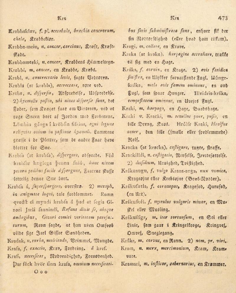 qÉ rs Irabbaklær, f. pl, acezabala, brachin cancrorum, chele, Stab66eflor. Krabba-mein, f, cancer, carcinus, Kræft, Kræft: ffaðe. . Krabbamerki, s, cancer, Sta6benó ímmeltegns Krabbi, «m, cancer, «n. Krabbe, Staa. Krabl, t, contrectario levis, fagte Beðtaren. Krabla (at krabla), atrrecta?e, røre eb. Krabs, sm, difperfo, Sofprebetfe, Udfpredelfe, 2) Ayemalis paflio, nbi nives difpevíe fuut, det Foder, fem Kvæget faar om Vinteren, ved at vage Sncen bort af Horðen með forbenene, Lömbin gánga í kråbfin fiårins, Agni legunt veliqvias ovium in paflione hyemali, Qammene atæfje 4 be Pletter, fom be andre Zaar Dave blottet for Sne. | Krabía (at krabfa), difpergere, abíptebe. Fåd krabfar hæglega þenna Ífnió, hane nivem pecora pedibus facile d'fpergunt, Saatene (tuffe ettelig benaue Cone Dort, Krabía á, fuperfþargere, overftco. in enigmate loqvi, tale forblommet. 2) metaph, Ramn qvadít ei myndi krabfa á bad at fegia Gi- zori Jarli fannindi, Raefuns dixit fe, absque ambagibus, | Gizori comiti veritatem. patejac. turum, Baun fagde, at han uten Omfvøb vilde fige Jarl Siffor Sandheden, Kradak, v, turba, mulcittdo, Qrimmel, Mængde. Krafa, f. exactio, Krav, Sorbring. á kref. Krafi, mecesfitas, Nadvendighed, Fornødenbed. Dar féck hvör finn krafa, omuium mecesfirati- Qoo Kra 47 € bus fitis fubminiflrara futt, enbver fif bee fin Rødtorftigbed (eller hvað Dam tilfom). Kragi, tn, collare, en 'tave, Kraka (at kraka), harpagine attrahere, trate ti fig med en age. | Kráka, f. cornix, en Stage, 2) avis fatidica fesif va, «n ilyffer forvarflende Fugl. Hángr- kráka, mala avis famem ominans, en end. Gúgl, fort fpaar Hunger. Tllvidtis-kráka, zempeflatem ominans, en Uvejrs Fugl. Kraki, m, harpaga, en age, Baadéhage, Kraki v. tasti wn tenellus puer, pufro, «m ille Dreng, $ng8. Hrælfr Kraki, Hrelfus gener, ben lille (fmalle eller freðlemmeðe). Rolf. Krackilldi, st, cafligatio, Steofeffe, KHrettefættel{e. 2) disfilium, Wenigbeð, Tviftighed, - Krákuaugu, f, vulgo Krans-auga, nux vomica, Krageøjne eller Srebápjue (tat 30obber). Krákufætla, f. coronopus, Kragefod, Hanefod, Cen Wet | Krákufkél, f. mytulus vulgaris minor, «n Mus feel ellee Musling. Krükuffgry 1, iter tortuofum, en Sti effer Linie, fem gaar í Kringelfroge, Kringvej, Omvej, Sneglegatig. Kråkr, m. corvus, en Ravn. 2) nom, pr. viri,. Kram, fA merx, mercimonium, am, Bran vare, Så | 5 Kramari wm infor, gabernarius, en Sræmmer., -