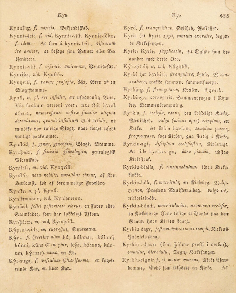 Kynning, f; moriria, Befjendt Fab, Kynnis-leit, f; vid, Kynnis-vift, Kynnas-fókn, a “At fara á kynnis.leit, vifiraruus at beføge fine. Jenner eller br É idesmec ire amtéer, Éjendtere, Kynnis-vift, f. viktatio amicorum Kyniíkr, vid. Kynftér, Kynqvif, f. ramus profapis, SE Gren i ar &amp;leatftammce Kynfl, m. pl, rer iufolita, em ufæbvanlig nd lér fæckum. ætterni vort, nær ftór kyníl atbera, mumercfutari noflra familie aliqvid dezvahimus, qvando infolitum qvid aceidir, vi mind fe vor talrige Slægt, naar noget ufæde vanligt paafommer,. N uw Kynflód, f. genu, generanio, Blast, Stamme Kynfpeki, f. feneia Sabir NONE SSibeníffaó. — ex Kynftafr, m, vid, Eynqiit*   Heron, fod af berømmelige. Forældre. Kynftr, m p Kynfh ^ Kynfiramenn, vid, Eyniamenm | Kynfæll, felici pofterizare clarus, en Fader effec Stamfader, fom har Íyéfeligt 2tffoun, Kynpáttr,. 9. vid, Kynqvifl. Kýprus.vidr, m, cupreffus, Gypreðtræ, Kýr, fu (rectius olim kú, kúinnar, kt&amp;inni; um, kýrnar), vacca, en Ra. | Kýr-auga,. f. vafculum. fphæriforme, sundt Sar, et. [ibet. Sat. et. Cuaeli ES Kyr 485 Kyrd, f, traugviizas, Qeitbet, Solig Bede 1 Kyria (at kyria upp), cantum exerdire, 6cggne be Sitfefangen. Kyrie; Kyrie, fupplieatio, &amp;puber með Bette Orð. Kýr.gilldi, tt. vid, ex Salme fom Bes Kågilldt, Kyrki (at kyrkia), ffrangulare, Øvæle, 2) con tvahere, træfte fammen, fammenfnarpe, Kyrking, Á ffrangulatio, Kyrkingr, corrsgatio, &amp; á qverk, Kvælen, Sammendragen: í vie Cer, Oantmentrompnina, Kyrkia, f. ecelefa, catus, ben friftlige irf; Menighed — vulgo (minus apte). zeimplum, ew $irfe. At fækia kyrkin, zemplum perere, frequentare, føge Kirten, gaa flittig í Birta, iplina- ecclefraftice, | Stietetugt,. udtag Kyrkiu-agi, dif: At lída. kyrkiu-aga » Sitfefiraf. J Kyrkiu-bialla, f. siurinmabulum, liden Sirfos floffe.. Ryrkiu-bók, f.matricula, en. Sirtebog.. 2) dip-. rychon, Mræftenð Minifterialbog. nifteríalbók. — Kyrkiu-bóndi, marricularius, &amp;conbmur ecclefie, dare piacula, vulge mía ea Kirfeværge (fom tillige ec Bonde paa. den: Gaard, hvor Kirsten: faar). Ry rkiu-dagr,. fefla sn. dedicaeiouis. reshpli, Sirens Synboiclf: ébag,. | Kyrkiu -diákn (fem þiónar prefti í mefsu),. Oran, Stfefangen Ky:kin-eignir,f. på mauus mortua, $ivfo Gjens bodie, Gode [our tilborer en Sirfe, Ar egmillus, hierodulu., 