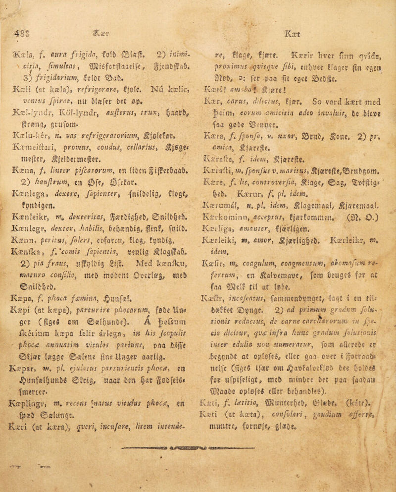 - veia, fünulas, Sxieforftaacife, 3) frigidarium, foldet Sab. — Kæli (at kæla), refrigerare, fjole. ventis fpivat, nu Glæfer bet Dp. Kæl.lyndr, Köldlyndr, aufterus, FER Gaard, (frena, grujent. : Kælu-kér, t. vas vefrigeratorium, isl far. j | T | ur os ^  mefter, Sjelbermeffet. Kæna, f, línrer pifcarorum, en liden gifferbanb, 2) heufirus, en Dfe, fictat. Kænlega, dextre, fapienter, fyndigen. Kænleikr, 7t, PE Tærdighed, Gnilbheð. Kænlegr, dexter, habilis, behændig, Minf, (uio. Kænn, peritus, folers, erfaren, flog, fonbig, — Kæníka, þf. comis fapientin, verlig $log(fab. 2) pis fraus, uffgldig $i. Med kenfku, maruro confilio, med modent í Dverlæg, með nil. Kæpa, f. phoca Fra funfel. Kæpi (at kæpa), parearire: þhocar atm, føde tius ger Cfigeó em Galgunde). „Á befsum fkérium kæpa felir árlega, im his fcopulis ur poca muuntim vitulos partunt, Gtjær Áægge Gælene fine Mager aarlig. v Kæpar, m, pl ejulaitus parmurieutis phocæ, eu Qunfælbundé EM maar ben bat ösbfelós 8 fmertees | | Kepligr m. vecenis judi virulus ode en Spæd Sælunge. | 1 LN (at kart) dues ipn TM inzende- NUM REE   *  A Kæt fin egen proximus gvisgve fibi, enhvev flager Jtpb, 5: fer paa fit eget ooi. Kærit am:bot 8 $t, —— En Kar, carus, di UT. fjær. So md kært med Þeim, eorum ainicitia adeo de te bleve faa gote Venner, Kæra, f. fponfa, v. HXOP, SORA Kone, 2) br. amica, Kjærefte, Kærafta, f. idem, &amp;ietefte. Kærafti, m, fpeufus v. maritis, Sijerefie ruboom, | Kæra, f. lis, controverfia, Stage, ag, ar gs * beð. Kærur, f. pl. ides, ddem, &amp;lagemaal, rg Kærkominn, acceprus, Cjatfommene — (90, ..) Kziliga, amauter, fjærligen. 2o MUS Kerleiki, m, tuor, Kjærlighed. idein, : ue Kæfir, fh coagulum, eongnen un, abomafim P i ferrum,- en Salvemave, fem. bruget for. at faa Melfi fil at: løbe, i: LN Kær, incafentus, fammendynget, aat pO tå: bæltet Dynge. 2) ad primum graðum filu. fiot redaceus, de carne carchårorusts 'H Sp | : ^ Enn 9.  c fl ier edulip mom mumerarur, (om allerede er begynde. at opføfes, eller gaa. over í $ Kæti, P3 le:iiia, : Munterheb, Gi | jiebt, - Reti (at kæta),. confölari, gandi dg muntre, frr gebe KEN 