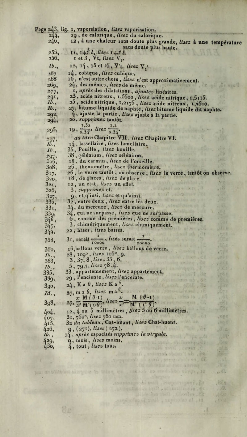 255, 256, U.y 167 268 26'9, 277. 291, Ib; Ib., 292, 394. 295, 297- Ib; Ib; 297. Sut), 3o8, 317, 3 20, 321, 326, 327, 33o, 33r, 33g, 346, 347. 349, 358, 36o, Ib., 363, Ib., 335, 389, 39°. Id., 3g8, 4°4. 407. 41a, 426, ib.. lig. I, vaporsiation, lisez vaporisation. 19 , de calorique, lisez du calorique. 12, à une chaleur sans doute plus grande, lisez à une température , sans doute plus haute. 11, i+{ l, lisez 1 +t'l. I et 3 , Yt, lisez V^. 12, 14 , l5 et 16, V’t, Usez Yjt. î4, cobique, lisez cubique. 16, n est autre chose , lisez n’est approximativement. 24, des mêmes, /isezde même. 1, après des dilatations , ajoutez linéaires. 23, acide nitreux, i,55oo, lisez acide nitrique, I,5tl5. 25, acide nitrique, 1,2176 , lisez acide nitreux, i,45iO. 27, bitume liquide denaphte, lisez bitume liquide dit naphle. 4, ajuste la partie , lisez ajuste à la partie. 20. supprimez tantôt. 1,32 1,2 IQ, TT'* Lisez —77. •7’o,34 0,34 au titre Chapitre VII, lisez Chapitre VI. 14 , lassellaire, lisez lamellaire. 35, Pouille , lisez houille. 38 , gélénium, lisez sélénium. 16 , du carmin, lisez de l’orseille. 26, lliemomètre , lisez thermomètre. 26 , le verre taulôl, on observe , lisez le verre, tantôt on observe. 18 , de glaces , lisez de glace. 12, un état, lisez un effet. 3, supprimez et. g, et q’insi, lisez etqu’ainsi. 32, entre deux , Usez entre les deux. 34 , du mercure , lisez de mercure. 34, qu> ne surpasse, lisez que ne surpasse, b , comme des premières, lisez comme de premières. 3 , chimériquement, lisez chimiquement. 22, bases, lisez basses. 3i, serait—— , lisez serait ——. IOOOO 20000 iG,ballons verre , lisez ballons de verre. 28, 1090, Usez to6°, 9. 3,37, 8 , Usez 35,6. 5, 79-7.Usez 78,4. 33, apparlemement, lisez appartement. 29, l’enciente , Usez l’enceinte. 24, K a 0 , lisez Kal 27, m a 0, lisez ma ^. x M (0-t) _x M (0-1) 27'? tVl'tt-0/ ‘Se*V 12, 4 0u 5 millimètres, lisez 5 ou 6 millimètres. 3i, 760°, lisez 760 mm. 32 du tableau , Cat-buant, Usez Chat-huant. Q, (27O, Usez{ 272). ,4, après capacités supprimez la virgule, q, mois, Usez moins. 4 , tout, lises tous,