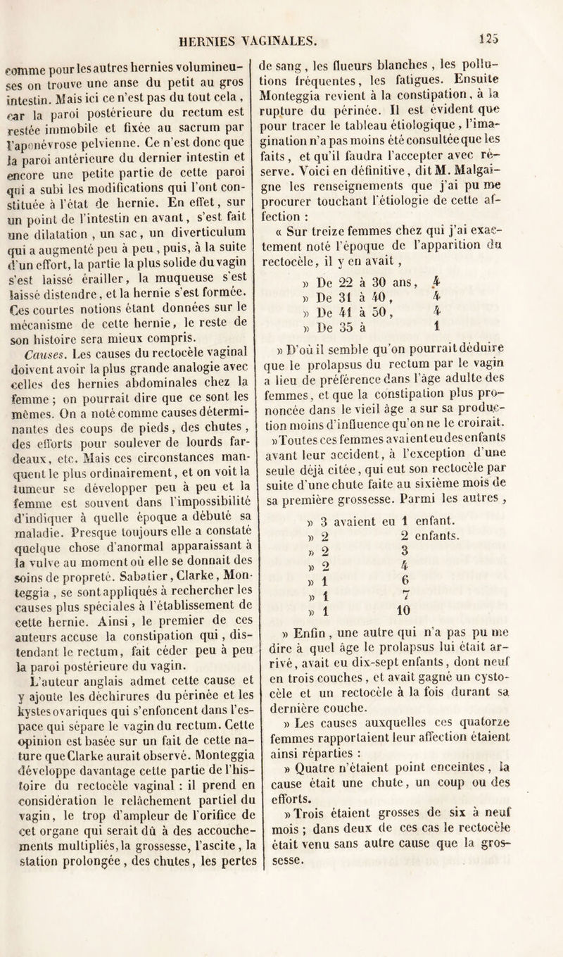 gomme pour les autres hernies volumineu- ses on trouve une anse du petit au gros intestin. Mais ici ce n’est pas du tout cela , car la paroi postérieure du rectum est restée immobile et fixée au sacrum par l’aponévrose pelvienne. Ce n’est donc que Ja paroi antérieure du dernier intestin et encore une petite partie de cette paroi qui a subi les modifications qui l'ont con- stituée à l’état de hernie. En effet, sur un point de l’intestin en avant, s’est fait une dilatation , un sac, un diverticulum qui a augmenté peu à peu , puis, à la suite d’un effort, la partie la plus solide du vagin s’est laissé érailler, la muqueuse s'est laissé distendre, et la hernie s'est formée. Ces courtes notions étant données sur le mécanisme de celte hernie, le reste de son histoire sera mieux compris. Causes. Les causes du rectocèle vaginal doivent avoir la plus grande analogie avec celles des hernies abdominales chez la femme ; on pourrait dire que ce sont les mêmes. On a noté comme causes détermi- nantes des coups de pieds, des chutes, des efforts pour soulever de lourds far- deaux, etc. Mais ces circonstances man- quent le plus ordinairement, et on voit la tumeur se développer peu à peu et la femme est souvent dans l'impossibilité d’indiquer à quelle époque a débuté sa maladie. Presque toujours elle a constaté quelque chose d anormal apparaissant à la vulve au moment où elle se donnait des soins de propreté. Sabatier, Clarke, Mon- teggia , se sont appliqués à rechercher les causes plus spéciales à l’établissement de cette hernie. Ainsi, le premier de ces auteurs accuse la constipation qui, dis- tendant le rectum, fait céder peu à peu la paroi postérieure du vagin. L’auteur anglais admet cette cause et y ajoute les déchirures du périnée et les kystesovariques qui s’enfoncent dans l’es- pace qui sépare le vagin du rectum. Cette opinion est basée sur un fait de cette na- ture que Clarke aurait observé. Monteggia développe davantage cette partie de l’his— foire du rectocèle vaginal : il prend en considération le relâchement partiel du vagin, le trop d’ampleur de l’orifice de cet organe qui serait dù à des accouche- ments multipliés,la grossesse, l’ascite, la station prolongée , des chutes, les pertes de sang , les flueurs blanches , les pollu- tions fréquentes, les fatigues. Ensuite Monteggia revient à la constipation, à la rupture du périnée. Il est évident que pour tracer le tableau étiologique, l’ima- gination n’a pas moins été consultée que les faits, et qu’il faudra l’accepter avec ré- serve. Voici en définitive, dit M. Malgai- gne les renseignements que j’ai pu me procurer touchant l'étiologie de cette af- fection : « Sur treize femmes chez qui j’ai exac- tement noté l’époque de l’apparition du rectocèle, il y en avait, » De 22 à 30 ans, 4 » De 31 à 40, 4 » De 41 à 50, 4 » De 35 à 1 » D’où il semble qu’on pourrait déduire que le prolapsus du rectum par le vagin a lieu de préférence dans l’âge adulte des femmes, et que la constipation plus pro- noncée dans le vieil âge a sur sa produc- tion moins d’influence qu’on ne le croirait. » Toutes ces femmes avaient eudes enfants avant leur accident, à l’exception d’une seule déjà citée, qui eut son rectocèle par suite d’une chute faite au sixième mois de sa première grossesse. Parmi les autres , » 3 avaient eu 1 enfant. » 2 2 enfants. n 2 3 » 2 4 » 1 6 » i 7 » i 10 » Enfin , une autre qui n’a pas pu me dire à quel âge le prolapsus lui était ar- rivé, avait eu dix-sept enfants, dont neuf en trois couches, et avait gagné un cysto- cèle et un rectocèle à la fois durant sa dernière couche. » Les causes auxquelles ces quatorze femmes rapportaient leur affection étaient ainsi réparties : » Quatre n’étaient point enceintes, la i cause était une chute, un coup ou des i efforts. ; )&gt; Trois étaient grosses de six à neuf - mois ; dans deux de ces cas le rectocèle i était venu sans autre cause que la gros- s sesse.