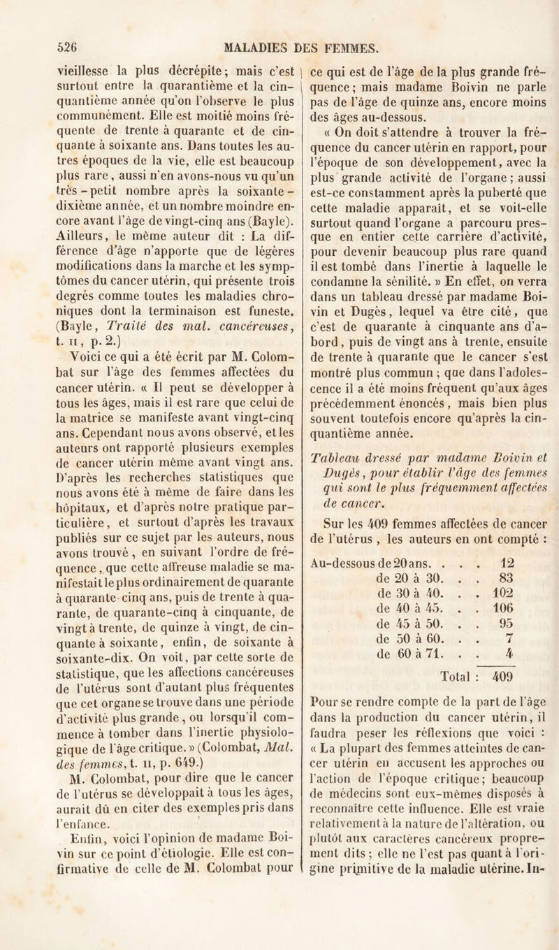 vieillesse la plus décrépite; mais c’est surtout entre la quarantième et la cin- quantième année qu’on l’observe le plus communément. Elle est moitié moins fré- quente de trente à quarante et de cin- quante à soixante ans. Dans toutes les au- tres époques de la vie, elle est beaucoup plus rare, aussi n’en avons-nous vu qu’un très-petit nombre après la soixante - dixième année, et un nombre moindre en- core avant l’âge de vingt-cinq ans (Bayle). Ailleurs, le même auteur dit : La dif- férence d’âge n’apporte que de légères modifications dans la marche et les symp- tômes du cancer utérin, qui présente trois degrés comme toutes les maladies chro- niques dont la terminaison est funeste. (Bayle, Traité des mal. cancéreuses, t. ii, p. 2.) Voici ce qui a été écrit par M. Colom- ba! sur l’âge des femmes affectées du cancer utérin. « Il peut se développer à tous les âges, mais il est rare que celui de la matrice se manifeste avant vingt-cinq ans. Cependant nous avons observé, et les auteurs ont rapporté plusieurs exemples de cancer utérin même avant vingt ans. D’après les recherches statistiques que nous avons été à même de faire dans les hôpitaux, et d’après notre pratique par- ticulière, et surtout d’après les travaux publiés sur ce sujet par les auteurs, nous avons trouvé, en suivant l’ordre de fré- quence , que cette affreuse maladie se ma- nifestait le plus ordinairement de quarante à quarante cinq ans, puis de trente à qua- rante, de quarante-cinq à cinquante, de vingt à trente, de quinze à vingt, de cin- quante à soixante, enfin, de soixante à soixante-dix. On voit, par cette sorte de statistique, que les affections cancéreuses de l’utérus sont d’autant plus fréquentes que cet organe se trouve dans une période d’activité plus grande , ou lorsqu’il com- mence à tomber dans l’inertie physiolo- gique de l’âge critique. » (Colombat, Mal. des femmes, t. n, p. 619.) M. Colombat, pour dire que le cancer de l’utérus se développait à tous les âges, aurait dû en citer des exemples pris dans l’enfance. Enfin, voici l’opinion de madame Boi- vin sur ce point d’étiologie. Elle est con- firmative de celle de M. Colombat pour ce qui est de l’âge de la plus grande fré- quence; mais madame Boivin ne parle pas de l’âge de quinze ans, encore moins des âges au-dessous. « On doit s’attendre à trouver la fré- quence du cancer utérin en rapport, pour l’époque de son développement, avec la plus grande activité de l’organe ; aussi est-ce constamment après la puberté que cette maladie apparaît, et se voit-elle surtout quand l’organe a parcouru pres- que en entier cette carrière d’activité, pour devenir beaucoup plus rare quand il est tombé dans l’inertie à laquelle le condamne la sénilité. » En effet, on verra dans un tableau dressé par madame Boi- vin et Dugès, lequel va être cité, que c’est de quarante à cinquante ans d’a- bord, puis de vingt ans à trente, ensuite de trente à quarante que le cancer s’est montré plus commun ; que dans l’adoles- cence il a été moins fréquent qu’aux âges précédemment énoncés, mais bien plus souvent toutefois encore qu’après la cin- quantième année. Tableau dressé par madame Boivin et Dugès, pour établir l’âge des femmes qui sont le plus fréquemment affectées de cancer. Sur les 409 femmes affectées de cancer de l’utérus , les auteurs en ont compté : Au-dessous de20ans. ... 12 de 20 à 30. . . 83 de 30 à 40. . . 102 de 40 à 45. . » 106 de 45 à 50. . . 95 de 50 à 60. . . 7 de 60 à 71. . . 4 Total : 409 Pour se rendre compte de la part de l’âge dans la production du cancer utérin, il faudra peser les réflexions que voici : « La plupart des femmes atteintes de can- cer utérin en accusent les approches ou l’action de l’époque critique; beaucoup de médecins sont eux-mêmes disposés à reconnaître cette influence. Elle est vraie relativement à la nature de l’altération, ou plutôt aux caractères cancéreux propre- ment dits ; elle ne l’est pas quanta l'ori- gine primitive de la maladie utérine. In-