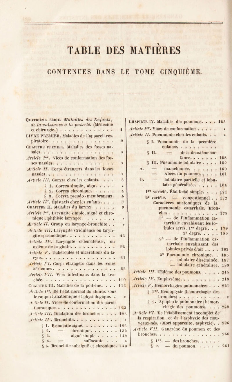 TABLE DES MATIERES CONTENUES DANS LE TOME CINQUIÈME. Quatrième série. Maladies des Enfants, de la naissance à la 'puberté. (Médecine et chirurgie.) . 1 LIVRE PREMIER. Maladies de l'appareil res- piratoire 2 Chapitre premier. Maladies des fosses na- sales # Article Ier. Vices de conformation des fos- ses nasales . » Article II. Corps étrangers dans les fosses nasales » Article III. Coryza chez les enfants. ... 3 § 1. Coryza simple , aigu. .... » § 2. Coryza chronique 4 § 3. Coryza pseudo-membraneux. 5 Article IF. Épistaxis chez les enfants. ... 7 Chapitre II. Maladies du larynx 9 Article Ier. Laryngite simple, aiguë et chro- nique ; phthisie laryngée » Article II. Croup ou laryngo-bronchite . . » Article III. Laryngite striduleuse ou laryn- gite spasmodique 43 Article IF. Laryngite œdémateuse, ou œdème de la glotte 55 Article F. Tubercules et ulcérations du la- rynx 61 Article FI. Corps étrangers dans les voies aériennes 6 5 Article FII. Vers intestinaux dans la tra- chée 110 Chapitre III. Maladies de la poitrine. ... 113 Article Ier. De l’état normal du thorax sous le rapport anatomique et physiologique. . » Article II. Vices de conformation des parois thoraciques 423 Article III. Dilatation des bronches .... 125 Article IF. Bronchite » § I. Bronchite aiguë .126 § 2. — chronique 132 § 3. — aiguë simple 142 § 4. — suffocante ... » S 5. Bronchite subaiguë et chronique. 143 Chapirte IV. Maladies des poumons. . . . 153 Article Ier. Vices de conformation » Article II. Pneumonie chez les enfants. . . * § I. Pneumonie de la première enfance. . § II. — de la deuxième en- fance . . 158 § III. Pneumonie lobulaire . ... 159 a. — mamelonnée 160 — Abcès du poumon 161 b. — lobulaire partielle et lobu- laire généralisée 164 lre variété. État fœtal simple. . . . 171 2e variété. —• congestionnel . . 172 Caractères anatomiques de la pneumonie catarrhale. Bron- ches 178 1° — de l'inflammation ca- tarrhale envahissant les lo- bules aérés. leT degré . . . 179 2e degré 180 2° — de l’inflammation ca- tarrhale envahissant des lobules privés d’air . . . . 183 3° Pneumonie chronique. . 185 — lobulaire disséminée. 187 — lobulaire généralisée. 188 Article III. OEdème des poumons 215 Article IF. Emphysème . . 218 Article F. Hémorrhagies pulmonaires . . . 22l § 1er. Hémoptysie (hémorrhagie des bronches) » § 2. Apoplexie pulmonaire (hémor- rhagie des poumons). . . . 222 Article FI. De l’établissement incomplet de la respiration, et de l’asphyxie des nou- veaux-nés. (Mort apparente, asphyxie). . 226 Article FII. Gangrène du poumon et des bronches 2 50 § 1er. — des bronches S 2. — du poumon 251