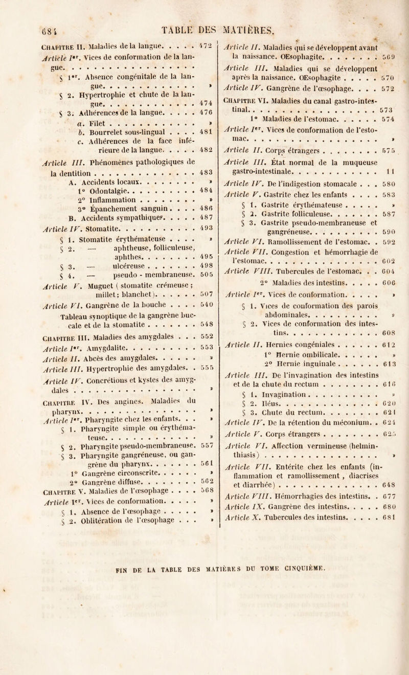 68 i TABLE DES Chapitre II. Maladies delà langue. . . . Article I*T. Vices de conformation de la lan § l»r. Absence congénitale de la lan gue 5 2. Hypertrophie et chute de la lan tue. S 3. S Jrticle V % 3. Adhérences de la langue. . . . a. Filet b. Bourrelet sous-lingual . . . c. Adhérences de la face infé rieure de la langue. . . . Article III. Phénomènes pathologiques de la dentition A. Accidents locaux 1° Odontalgie 2° Inflammation 3° Épanchement sanguin. B. Accidents sympathiques. . Article IF. Stomatite S 1. Stomatite érythémateuse . § 2. — aphtheuse, folliculeuse aphthes — ulcéreuse — pseudo - membraneuse Muguet ( stomatite crémeuse ; millet; blanchet) Article VI. Gangrène de la bouche . . . Tableau synoptique de la gangrène bue cale et de la stomatite Chapitre III. Maladies des amygdales . Article I*T. Amygdalite Article II. Abcès des amygdales. . . . Article III. Hypertrophie des amygdales Article IF. Concrétions et kystes des amyg dales Chapitre IV. Des angines. Maladies du pharynx Article 7*r. Pharyngite chez les enfants. . § 1. Pharyngite simple ou érythéma teuse $ 2. Pharyngite pseudo-membraneuse § 3. Pharyngite gangréneuse, ou gan grène du pharynx. . . . 1° Gangrène circonscrite. . . 2° Gangrène diffuse Chapitre V. Maladies de l’œsophage . Article Ier. \ices de conformation. . § 1. Absence de l'œsophage . . § 2. Oblitération de l’œsophage 472 474 476 » 481 482 483 » 484 » 486 487 493 495 498 505 507 540 548 552 553 » » » » 557 56 l t 562 568 9 9 9 MATIÈRES. Article II. Maladies qui se développent avant la naissance. OEsophagite .56 9 Article III. Maladies qui se développent après la naissance. OEsophagite 570 Article IF. Gangrène de l’œsophage. . . . 572 Chapitre VI. Maladies du canal gastro-intes- tinal 57 3 1° Maladies de l’estomac 5 74 Article ItT. Vices de conformation de l’esto- mac » Article II. Corps étrangers 57 5 Article III. État normal de la muqueuse gastro-intestinale Il Article IF. De l’indigestion stomacale . . . 580 Article F. Gastrite chez les enfants .... 583 § 1. Gastrite érythémateuse » § 2. Gastrite folliculeuse 587 S 3. Gastrite pseudo-membraneuse et gangréneuse 590 Article FI. Ramollissement de l’estomac. . 592 Article FII. Congestion et hémorrhagie de l’estomac 602 Article FIII. Tubercules de l’estomac. . . 604 2° Maladies des intestins 606 Article IeT. Vices de conformation * § 1. Vices de conformation des parois abdominales a § 2. Vices de confoi’mation des intes- tins 608 Article II. Hernies congéniales 612 1° Hernie ombilicale » 2° Hernie inguinale 613 Article III. De l’invagination des intestins et de la chute du rectum 616 S 1. Invagination » § 2. Iléus 620 § 3. Chute du rectum 62 1 Article IF. De la rétention du méconium. . 624 Article F. Corps étrangers 625 Article FI. Affection vermineuse (helmin- tliiasis) » Article FII. Entérite chez les enfants (in- flammation et ramollissement , diacrises et diarrhée) 648 Article FIII. Hémorrhagies des intestins. . 677 Article IX. Gangrène des intestins 680 Article X. Tubercules des intestins 6 81 FIN DE LA TABLE DES MATIÈRES DU TOME CINQUIÈME.