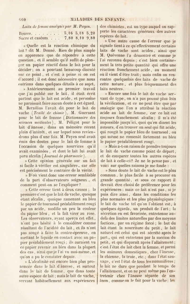 Laits de femme analysés par M. Payen. Beurre 5,16 5,18 5,20 Sucre et caséum. . . . 7.80 8,10 9,80 « Quelle est la réaction chimique du lait? dit M. Donné. Rien de plus simple en apparence que de répondre à cette question . et il semble qu’il suffit de plon- ger un papier réactif dans le lait pour la décider; on a pourtant beaucoup discuté sur ce point, et c’est à peine si on est d'accord ; il est donc nécessaire que nous entrions dans quelques détails à ce sujet. » Antérieurement au premier travail que j’ai publié sur le lait, il était écrit partout que le lait est acide, et personne ne paraissait faire aucun doute à cet égard. M. Berzélius l’avait dit pour le lait de vache (Traité de chimie), M. Guersant pour le lait de femme ( Dictionnaire des sciences médicales), M. Péligot pour le lait d’ànesse, dans un mémoire récent plein d’intérêt, et sur lequel nous revien- drons plus d’une fois. M. Payen seul avait émis des doutes pour le lait de femme à l’occasion de quelques nourrices qu’il avait examinées , et dont le lait lui avait paru alcalin ( Journal de pharmacie). » Cette opinion générale sur un fait si facile à vérifier est singulière, car elle est précisément le contraire de la vérité. » D’où vient donc une erreur semblable de la part d’observateurs soigneux , et comment peut-on se l’expliquer? » Cette erreur tient à deux causes ; la première c’est que le lait de vache, quoique étant alcalin , quoique ramenant au bleu le papier de tournesol préalablement rougi par un acide, modifie un peu la couleur du papier bleu , et la fait virer au rose. Les observateurs, ayant aperçu cet effet, n’ont pas hésité à le considérer comme résultant de l’acidité du lait, et ils n’ont pas songé à faire la contre-épreuve, en mettant le liquide en contact avec un pa- pier préalablement rougi ; ils auraient vu ce papier revenir au bleu dans la plupart des cas , ainsi que je l’ai vu moi-même, et qu’on a pu le constater depuis. » L’alcalinité est encore bien plus pro- noncée dans le lait d’ànesse, et surtout dans le lait de femme, que dans toute autre espèce de lait ; mais le lait de vache, servant habituellement aux expériences des chimistes, est un type auquel on rap- porte les caractères généraux des autres espèces de lait. » Une autre cause de l’erreur que je signale tient à ce qu’effectivement certains laits de vache sont acides, ainsi que M. Quévenne l’a démontré et comme je l’ai reconnu depuis ; c’est bien certaine- ment la très petite quantité qui offre une réaction franchement acide, au moment où il vient d’être trait; mais enfin on ren- contre quelquefois des laits de vache de cette nature , et plus fréquemment des laits neutres. » Encore une fois le lait de vache ser- vant de type, on n’a pas poussé plus loin la vérification, et ce ne peut être que par analogie que l’on a attribué la réaction acide au lait de femme, car ce lait est toujours franchement alcalin ; il m’a été impossible jusqu’ici, quoi qu’en disent les auteurs, d'en trouver un seul qui fut acide, qui rougit le papier bleu de tournesol, ou qui même ne ramenât fortement au bleu le papier préalablement rougi. )&gt; Mais a-t-on raison de prendre toujours le lait de vache comme point de départ, et de comparer toutes les autres espèces de lait à celle-ci? Je ne le pense pas , et voici sur quelles raisons je me fonde : » Sans doute le lait de vache est le plus commun . le plus facile à se procurer en grande quantité, et sous ce rapport il devrait être choisi de préférence pour les expériences ; mais ce lait n’est pas , si je puis dire ainsi, dans les conditions les plus normales et les plus physiologiques ; le lait de vache tel qu’on l’obtient est, à quelques égards, un produit de l’art; la sécrétion en est favorisée, entretenue au- delà des limites naturelles par des moyens factices, par un régime forcé; le but du lait étant la nourriture du petit, le lait naturel est celui qui est sécrété après le part, qui est entretenu par la succion du petit, et qui disparaît après l’allaitement; c’est l’état du lait chez la femme, et parmi les animaux domestiques, chez l’ânesse, la chienne, la truie, etc.; dans l’état sau- vage, c’est l’état de tous les mammifères ; le lait ne dure que pendant le temps de l’allaitement, et on ne peut même pas l’en- tretenir chez l’ânesse séparée de son ânon, comme on le fait pour la vache: les