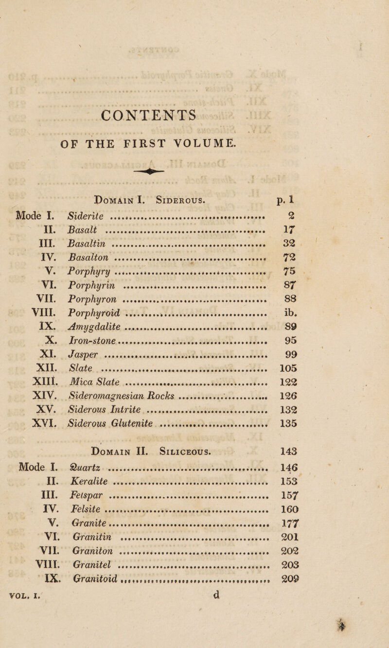 1 CONTENTS OF THE FIRST VOLUME. Domain I. Siderous. p. 1 Mode I. Siderite .... 2 II. Basalt . 17 III. Basaltin .. 32 IV. Basalton ... 72 V. Porphyry....... 75 VI. Porphyrin .*. 87 VII. Porphyron . 88 VIII. Porphyroid . ib. IX. Amygdalite .. 89 X, Iron-stone. 95 XI. Jasper . 99 XII. Slate .. 105 Xlli. Mica Slate . 122 XIV. Sederomagnesian Rocks... 126 XV. Siderous Intrite . 132 XVI. Siderous Glutenite . 135 Domain II. Siliceous. 143 Mode I. Huartz . 146 II. Keralite . 153 III. Felspar . 157 IV. Felsite. 160 V. Granite. 177 VI. Granitin . 201 VII. Graniton . 202 VIII. Granitel . 203 IX. ... 209 VOL. I. d