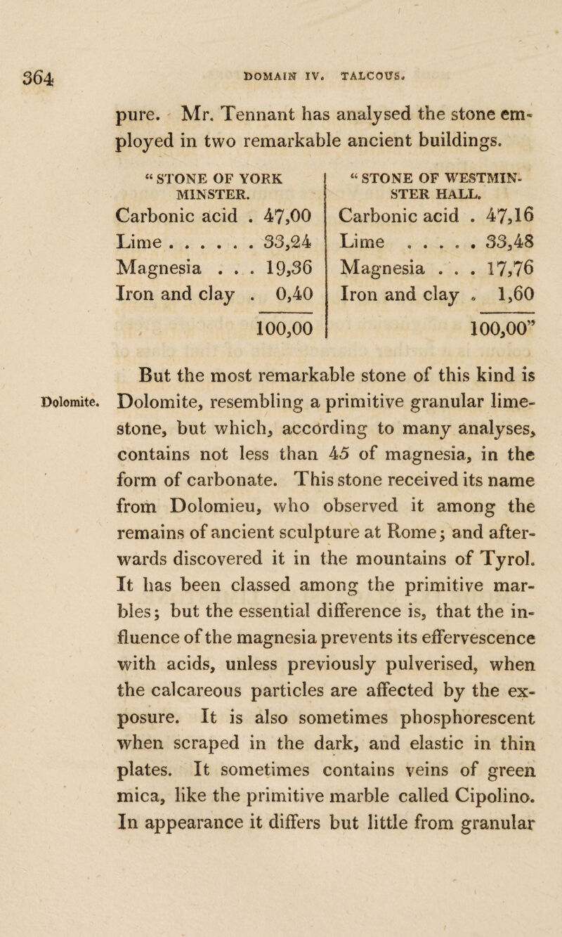 Dolomite. pure. Mr. Tennant has analysed the stone em¬ ployed in two remarkable ancient buildings. “ STONE OF YORK MINSTER. Carbonic acid . 47,00 Lime.33,24 Magnesia . . . 19,36 Iron and clay . 0,40 100,00 « STONE OF WESTMIN- STER HALL. Carbonic acid . 47,16 Lime .33,48 Magnesia ... 17,76 Iron and clay . 1,60 100,00” But the most remarkable stone of this kind is Dolomite, resembling a primitive granular lime¬ stone, but which, according to many analyses, contains not less than 45 of magnesia, in the form of carbonate. This stone received its name from Dolomieu, vv^ho observed it among the remains of ancient sculpture at Rome; and after¬ wards discovered it in the mountains of Tyrol. It has been classed among the primitive mar¬ bles; but the essential difference is, that the in¬ fluence of the magnesia prevents its effervescence with acids, unless previously pulverised, when the calcareous particles are affected by the ex¬ posure. It is also sometimes phosphorescent when scraped in the dark, and elastic in thin plates. It sometimes contains veins of green mica, like the primitive marble called Cipolino. In appearance it differs but little from granular