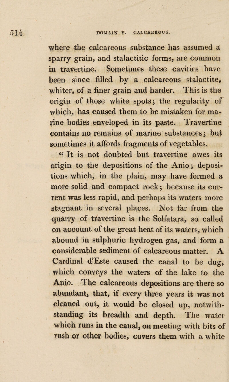 where the calcareous substance has assumed a sparry grain, and stalactitic forms> are common in travertine. Sometimes these cavities have been since filled by a calcareous stalactite, whiter, of a finer grain and harder. This is the origin of those white spots; the regularity of which, has caused them to be mistaken for ma¬ rine bodies enveloped in its paste. Travertine contains no remains of marine substances; but sometimes it affords fragments of vegetables. « It is not doubted but travertine owes its origin to the depositions of the Anio; deposi¬ tions which, in the plain, may have formed a more solid and compact rock; because its cur¬ rent was less rapid, and perhaps its waters more stagnant in several places. Not far from the quarry of travertine is the Solfatara, so called on account of the great heat of its waters, which abound in sulphuric hydrogen gas, and form a considerable sediment of calcareous matter. A Cardinal d’Este caused the canal to be which conveys the waters of the lake to the Anio. The calcareous depositions are there so abundant, that, if every three years it was not cleaned out, it would be closed up, notwith¬ standing its breadth and depth. The water which runs in the canal, on meeting with bits of rush or other bodies, covers them with a white