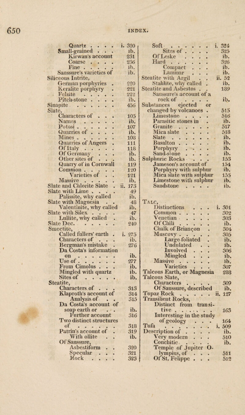 Quartz .... i. 320 Small-grained . . . ib. Kirwan’s account 231 Coarse .... 236 Fine. ib. Saussure’s varieties of ib. Siliceous Intrite, German porphyries . 220 Keralite porphyry 221 Felsite. 222 Pitch-stone .... ib. Sinapite 456 Slate, Characters of . . . 105 Names. ib. Potosi. 107 Quarries of . . . . ib. Mines. 108 Quarries of Angers . 111 Of Italy. 118 Of Germany . . . ib. Otlier sites of . . . ib. Quarry of in Cornwall 119 Common. 120 Varieties of . . 121 Massive. ib. Slate and Chlorite Slate . ii. 173 Slate with Lime .... 49 Palissite, why called ib. Slate with Magnesia . . 48 Valentinite, why called ib. Slate with Silex .... 47 Lullite, why called ib. Slate Dec. 240 Smectite, Called fullers’ earth . i. 275 Characters of . . . ib. Bergman’s mistake . 276 Da Costa’s information on. ib. Use of. 277 From Cimolus . . . ib. Mingled with quartz ib. Sites of. ib. Steatite, Characters of . . . 313 Klaproth’s account of 314 . Analysis of . . 315 Da Costa’s account of soap earth or . . ib. Further account 316 Two distinct structures of. 318 Patrin’s account of . 319 With ollite . . ib. Of Saussure, Asbestiform . . 320 Specular . . . 321 Rock .... 323 Soft. Sites of . . . 325 OfLeske . . . ib. Hard. 326 Compact . ib. Laminar , ib. Steatite with Argil ii. 52 Stahlite, why called . ib. Steatite and Asbestos 189 Saussure’s account of a rock of .... ib. Substances ejected or changed by volcanoes . 515 Limestone . . ► • 516 Parasitic stones in ib. Granite . . . 517 Mica slate . . 518 Slate .... ib. Basalton . . . V ib. Porphyry . . ib. Sand-s5one . . ib. Sulphuric Rocks 153 Jameson’s account of 154 Porphyry with sul] phur ib. Mica slate with su phur 155 Limestone with su phur ib. Sandstone . . » * ib. Talc, Distinctions • • i. 301 Common . . . • • 302 Venetian . . • • 303 Of Chili . . . • • ib. Chalk of Brianqon 304 Muscovy . . . • • 305 Lar^e foliated ib. Undulated • • ib. Involved . • • 306 Mingled • • ib. Massive . . . • • ib. Varieties . • • 307 Talcous Earth, or Magnesia 288 Talcous Slate, Characters . . • • 309 Of Saussure, described ib. Topaz Rock . . . • • ii. 127 Transilient Rocks, Distinct from transi¬ tive . .. 163 Interesting in tlie study of geology . . . 164 Tufa . Description of . . • e ib. Very modern . • • 510 Conchitic . . • • ib. Temple of Jupiter O- lympius, of . . . 511 Or St. Felippe . • • 512