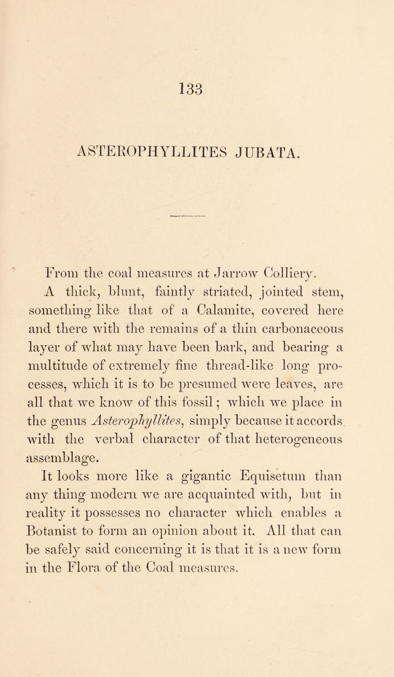 133 ASTEROPHYLLITES JURAT A. From the coal measures at Jarrow Colliery. A thick, blunt, faintly striated, jointed stem, something like that of a Calamite, covered here and there with the remains of a thin carbonaceous layer of what may have been bark, and bearing a multitude of extremely fine thread-like long pro¬ cesses, which it is to be presumed were leaves, are all that we know of this fossil; which we place in the genus Asteropliyllites, simply because it accords with the verbal character of that heterogeneous assemblage. It looks more like a gigantic Equisetum than any thing modem we are acquainted with, but in reality it possesses no character which enables a Botanist to form an opinion about it. All that can be safely said concerning it is that it is a new form in the Flora of the Coal measures.