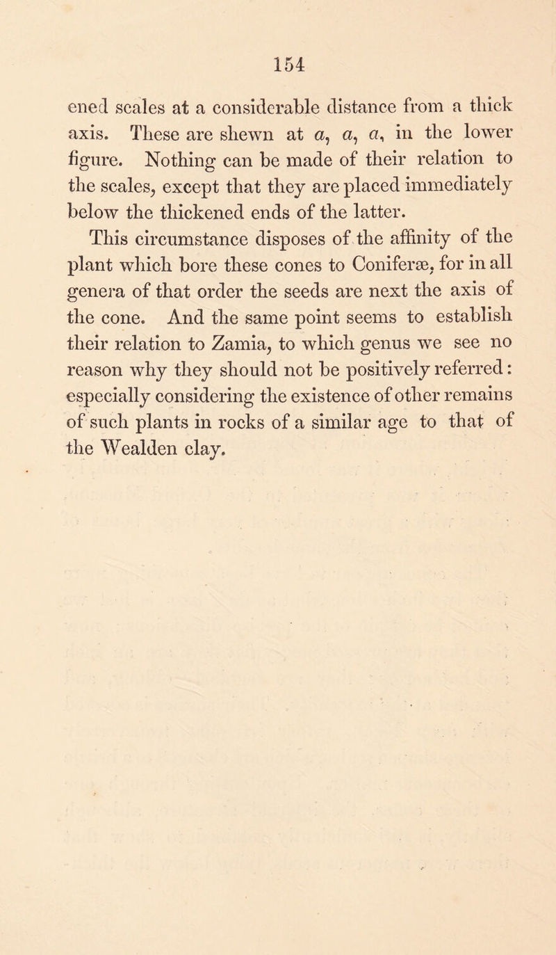 154 ened scales at a considerable distance from a thick axis* These are shewn at a, a, a, in the lower figure. Nothing can be made of their relation to the scales., except that they are placed immediately below the thickened ends of the latter. This circumstance disposes of the affinity of the plant which bore these cones to Coniferse. for in all genera of that order the seeds are next the axis of the cone. And the same point seems to establish their relation to Zamia, to which genus we see no reason why they should not be positively referred: especially considering the existence of other remains of such plants in rocks of a similar age to that of the Vv cal den clay.