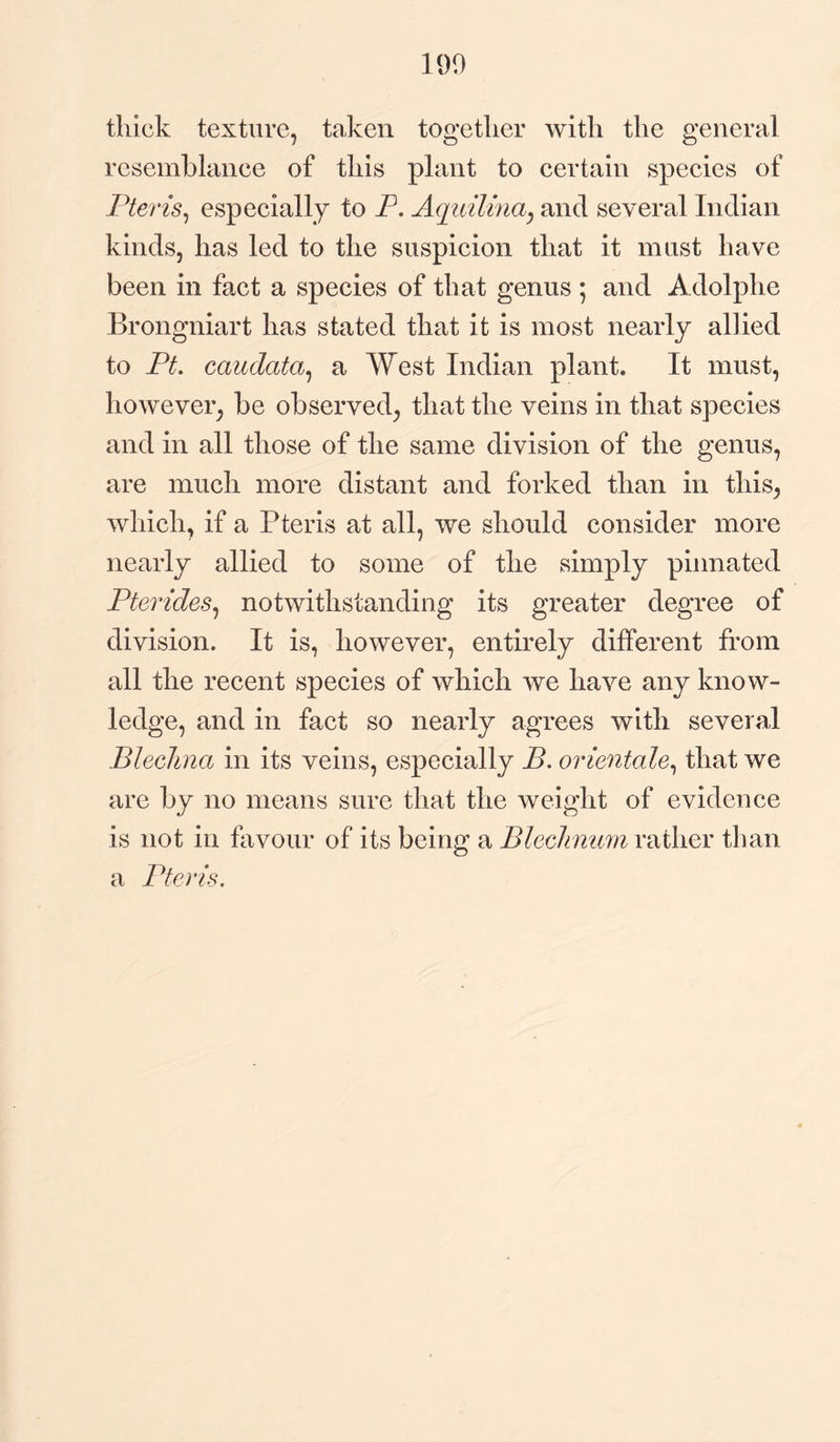 190 thick texture, taken together with the general resemblance of this plant to certain species of Pteris, especially to P. Aquilina, and several Indian kinds, has led to the suspicion that it must have been in fact a species of that genus ; and Adolphe Brongniart has stated that it is most nearly allied to Pt. cauclata, a West Indian plant. It must, however, be observed, that the veins in that species and in all those of the same division of the genus, are much more distant and forked than in this, which, if a Pteris at all, we should consider more nearly allied to some of the simply pinnated Pterides, notwithstanding its greater degree of division. It is, however, entirely different from all the recent species of which we have any know¬ ledge, and in fact so nearly agrees with several BlecJina in its veins, especially B. orientale, that we are by no means sure that the weight of evidence is not in favour of its being a Blechnum rather than a Pteris.