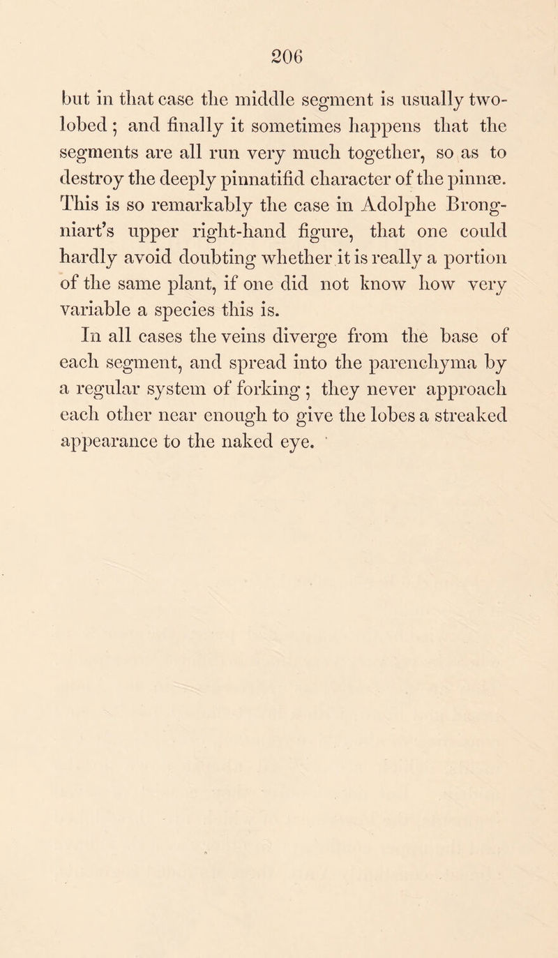 but in that case the middle segment is usually two- lobed • and finally it sometimes happens that the segments are all run very much together, so as to destroy the deeply pinnatifid character of the pinnee. This is so remarkably the case in Adolphe Brong- niart’s upper right-hand figure, that one could hardly avoid doubting whether it is really a portion of the same plant, if one did not know how very variable a species this is. In all cases the veins diverge from the base of each segment, and spread into the parenchyma by a regular system of forking • they never approach each other near enough to give the lobes a streaked appearance to the naked eye.