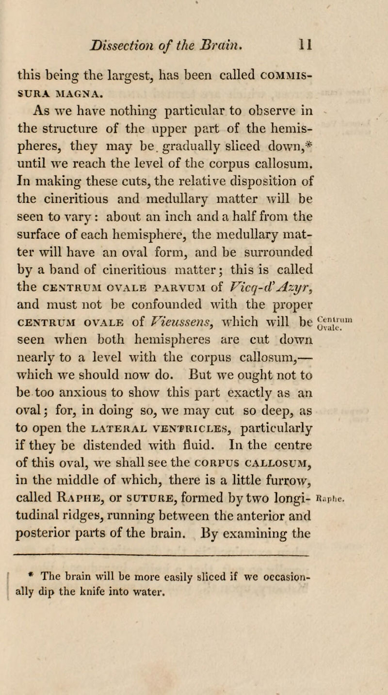this being the largest, has been called commis¬ sure MAGNA. As we have nothing particular to observe in the structure of the upper part of the hemis¬ pheres, they may be. gradually sliced down,* until we reach the level of the corpus callosum. In making these cuts, the relative disposition of the cineritious and medullary matter will be seen to vary: about an inch and a half from the surface of each hemisphere, the medullary mat¬ ter will have an oval form, and be surrounded by a band of cineritious matter; this is called the centrum ovale parvum of Vicq-d’Azyr, and must not be confounded with the proper centrum ovale of Vieussens, which will be ov£ieum seen when both hemispheres are cut down nearly to a level with the corpus callosum,— which we should now do. But wre ought not to be too anxious to show this part exactly as an oval; for, in doing so, we may cut so deep, as to open the lateral ventricles, particularly if they be distended with fluid. In the centre of this oval, we shall see the corpus callosum, in the middle of which, there is a little furrow, called Raphe, or suture, formed by two longi- Raphe, tudinal ridges, running between the anterior and posterior parts of the brain. By examining the * The brain will be more easily sliced if we occasion¬ ally dip the knife into water.