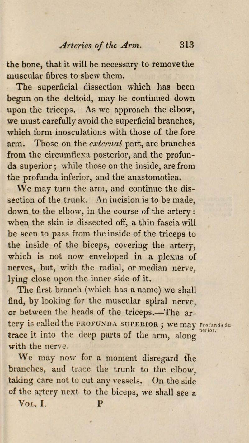 the bone, that it will be necessary to remove the muscular fibres to shew them. The superficial dissection which has been begun on the deltoid, may be continued down upon the triceps. As we approach the elbow, we must carefully avoid the superficial branches, which form inosculations with those of the fore arm. Those on the external part, are branches from the circumflexa posterior, and the profun¬ da superior; while those on the inside, are from the profunda inferior, and the anastomotica. We may turn the arm, and continue the dis¬ section of the trunk. An incision is to be made, down to the elbow, in the course of the artery: when the skin is dissected off, a thin fascia will be seen to pass from the inside of the triceps to the inside of the biceps, covering the artery, which is not now enveloped in a plexus of nerves, but, with the radial, or median nerve, lying close upon the inner side of it. The first branch (which has a name) we shall find, by looking for the muscular spiral nerve, or between the heads of the triceps.—The ar¬ tery is called the profunda superior ; we may trace it into the deep parts of the arm, along with the nerve. We may now for a moment disregard the branches, and trace the trunk to the elbow, taking care not to cut any vessels. On the side of the artery next to the biceps, wc shall see a VOL. I. P rrolunda Su peiior.