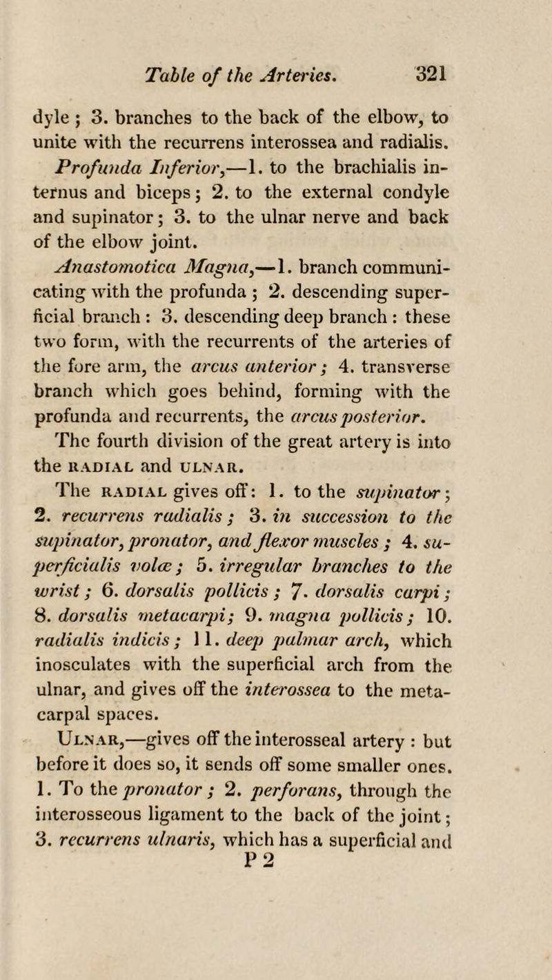 dyle ; 3. branches to the back of the elbow, to unite with the recurrens interossea and radialis. Profunda Inferior,—1. to the brachialis in¬ terims and biceps; 2. to the external condyle and supinator; 3. to the ulnar nerve and back of the elbow joint. Anastomotica Magna,—1. branch communi¬ cating with the profunda ; 2. descending super¬ ficial branch : 3. descending deep branch : these two form, with the recurrents of the arteries of the fore arm, the arcus anterior ; 4. transverse branch which goes behind, forming with the profunda and recurrents, the arcus posterior. The fourth division of the great artery is into the radial and ulnar. The radial gives off: 1. to the supinator; 2. recurrens radialis ; 3. in succession to the supinator, pronator, and flexor muscles ; 4. su¬ per ficialis voice; 5. irregular branches to the wrist; 6. dorsalis pollicis ; 7- dorsalis carpi; 8. dorsalis metacarpi; 9. rnagna pollicis; 10. radialis indicis ; 11. deep palmar arch, which inosculates with the superficial arch from the ulnar, and gives off the interossea to the meta¬ carpal spaces. Ulnar,—gives off the interosseal artery : but before it does so, it sends off some smaller ones. 1. To the pronator ; 2. perforans, through the interosseous ligament to the back of the joint; 3. recurrens u/naris, which has a superficial ami P 2
