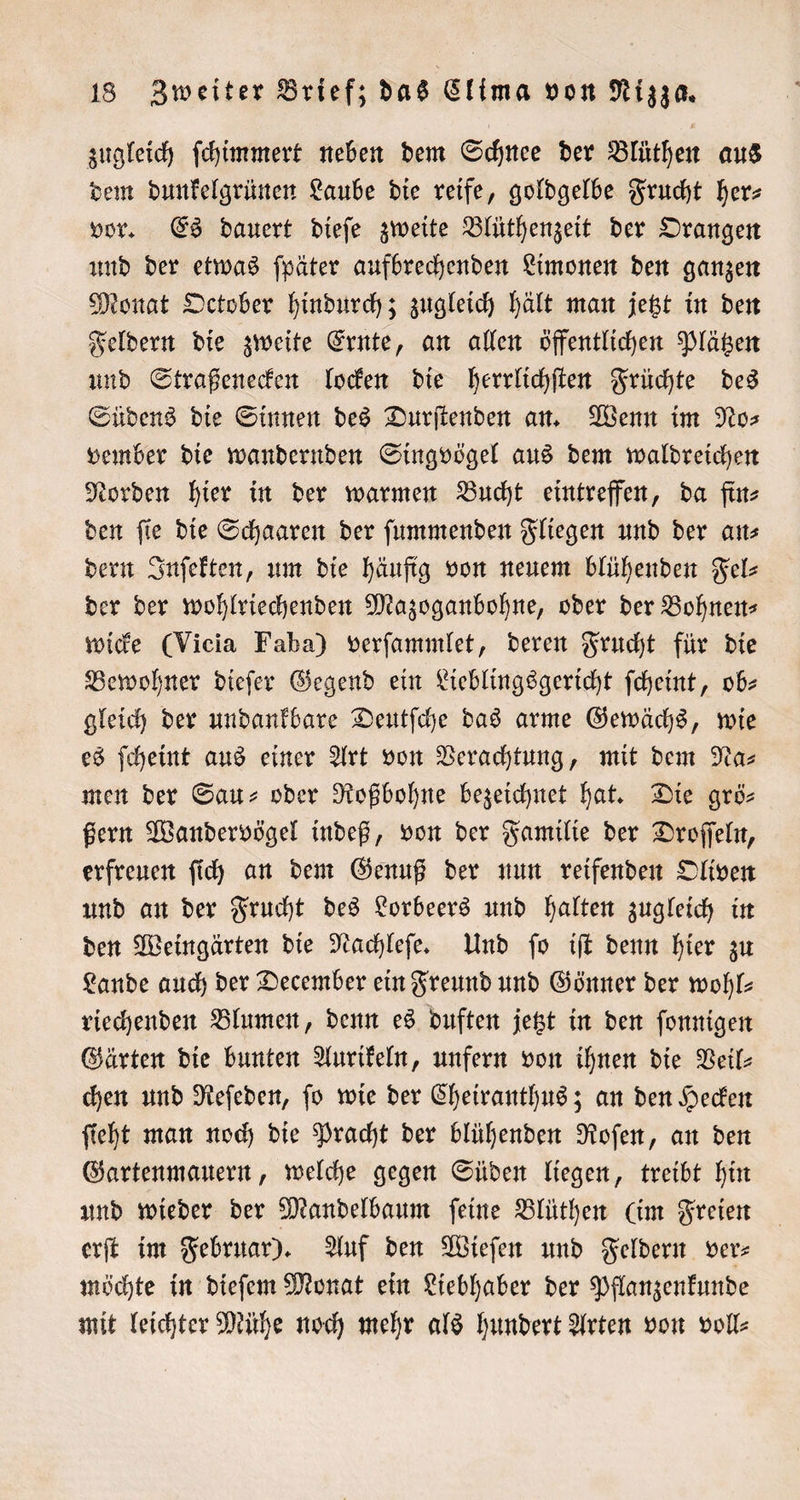 zugleich ſchimmert neben dem Schnee der Blüthen aus dem dunkelgrünen Laube die reife, goldgelbe Frucht her— vor. Es dauert dieſe zweite Blüthenzeit der Orangen und der etwas ſpäter aufbrechenden Limonen den ganzen Monat October hindurch; zugleich hält man jetzt in den Feldern die zweite Ernte, an allen öffentlichen Plätzen und Straßenecken locken die herrlichſten Früchte des Südens die Sinnen des Durſtenden an. Wenn im No⸗ vember die wandernden Singvögel aus dem waldreichen Norden hier in der warmen Bucht eintreffen, da fürs den ſie die Schaaren der ſummenden Fliegen und der an⸗ dern Inſekten, um die häufig von neuem blühenden Fel⸗ der der wohlriechenden Mazoganbohne, oder der Bohnen⸗ wicke (Vicia Faba) verſammlet, deren Frucht für die Bewohner dieſer Gegend ein Lieblingsgericht ſcheint, ob— gleich der undankbare Deutſche das arme Gewächs, wie es ſcheint aus einer Art von Verachtung, mit dem Na⸗ men der Sau- oder Roßbohne bezeichnet hat. Die grös ßern Wandervögel indeß, von der Familie der Droſſeln, erfreuen ſich an dem Genuß der nun reifenden Oliven und an der Frucht des Lorbeers und halten zugleich in den Weingärten die Nachleſe. Und ſo iſt denn hier zu Lande auch der December ein Freund und Gönner der wohl- riechenden Blumen, denn es duften jetzt in den ſonnigen Gärten die bunten Aurikeln, unfern von ihnen die Veil⸗ chen und Reſeden, ſo wie der Cheiranthus; an den Hecken ſieht man noch die Pracht der blühenden Roſen, an den Gartenmauern, welche gegen Süden liegen, treibt hin und wieder der Mandelbaum ſeine Blüthen (im Freien erſt im Februar). Auf den Wieſen und Feldern ver⸗ möchte in dieſem Monat ein Liebhaber der Pflanzenkunde mit leichter Mühe noch mehr als hundert Arten von voll⸗