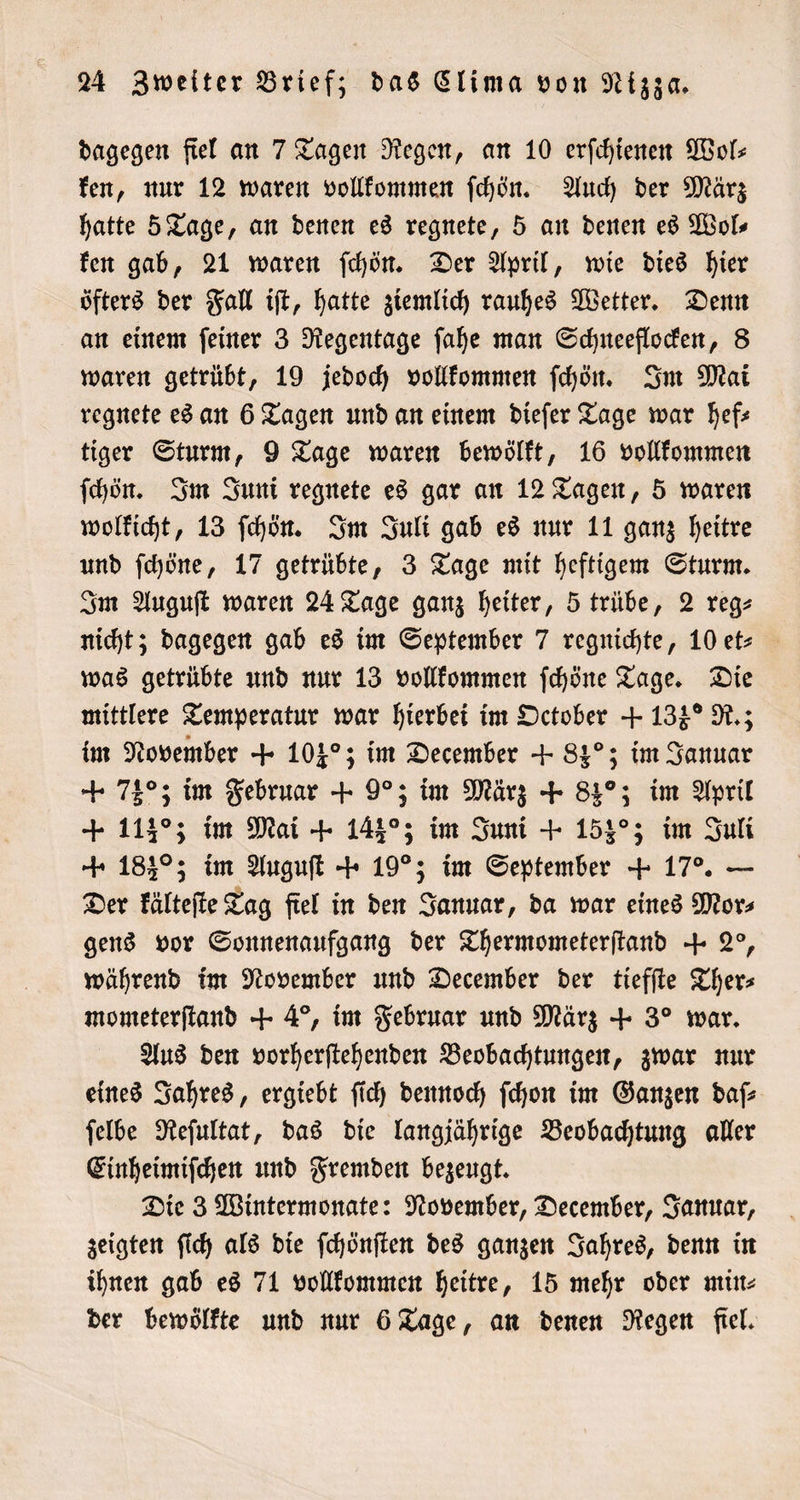 dagegen fiel an 7 Tagen Regen, an 10 erſchienen Wol⸗ ken, nur 12 waren vollkommen ſchön. Auch der März hatte 5 Tage, an denen es regnete, 5 an denen es Wols ken gab, 21 waren ſchön. Der April, wie dies hier öfters der Fall iſt, hatte ziemlich rauhes Wetter. Denn an einem ſeiner 3 Regentage ſahe man Schneeflocken, 8 waren getrübt, 19 jedoch vollkommen ſchön. Im Mai regnete es an 6 Tagen und an einem dieſer Tage war hef⸗ tiger Sturm, 9 Tage waren bewölkt, 16 vollkommen ſchön. Im Juni regnete es gar an 12 Tagen, 5 waren wolkicht, 13 ſchön. Im Juli gab es nur 11 ganz heitre und ſchöne, 17 getrübte, 3 Tage mit heftigem Sturm. Im Auguſt waren 24 Tage ganz heiter, 5 trübe, 2 reg⸗ nicht; dagegen gab es im September 7 regnichte, 10 et⸗ was getrübte und nur 13 vollkommen ſchöne Tage. Die mittlere Temperatur war hierbei im October + 133 ˙ R.; im November + 104°; im December + 84°; im Januar + 74°; im Februar + 9°; im März + 84°; im April + 113°; im Mai + 144°; im Juni + 1533 im Juli ＋ 183°; im Auguſt 19“; im September + 17°. — Der kälteſte Tag ſiel in den Januar, da war eines Mor⸗ gens vor Sonnenaufgang der Thermometerſtand - 2°, während im November und December der tiefſte Ther⸗ mometerſtand + 4°, im Februar und März + 3° war. Aus den vorherſtehenden Beobachtungen, zwar nur eines Jahres, ergiebt ſich dennoch ſchon im Ganzen daſ⸗ ſelbe Reſultat, das die langjährige Beobachtung aller Einheimiſchen und Fremden bezeugt. Die 3 Wintermonate: November, December, Januar, zeigten ſich als die fchönften des ganzen Jahres, denn in ihnen gab es 71 vollkommen heitre, 15 mehr oder min⸗ der bewölkte und nur 6 Tage, an denen Regen fiel.