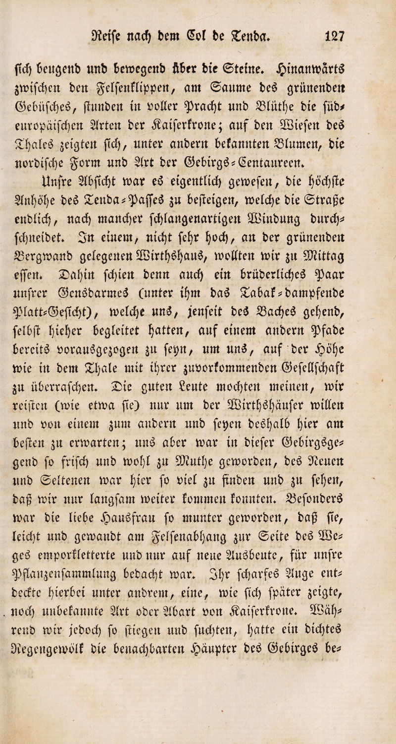 ſich beugend und bewegend über die Steine. Hinanwärts zwiſchen den Felſenklippen, am Saume des grünenden Gebüſches, ſtunden in voller Pracht und Blüthe die ſüd— europäiſchen Arten der Kaiſerkrone; auf den Wieſen des Thales zeigten ſich, unter andern bekannten Blumen, die nordiſche Form und Art der Gebirgs-Centaureen. Unſre Abſicht war es eigentlich geweſen, die höchſte Anhöhe des Tenda-Paſſes zu beſteigen, welche die Straße endlich, nach mancher ſchlangenartigen Windung durch⸗ ſchneidet. In einem, nicht ſehr hoch, an der grünenden Bergwand gelegenen Wirthshaus, wollten wir zu Mittag eſſen. Dahin ſchien denn auch ein brüderliches Paar unſrer Gensdarmes (unter ihm das Tabak⸗dampfende Platt⸗Geſicht), welche uns, jenſeit des Baches gehend, ſelbſt hieher begleitet hatten, auf einem andern Pfade bereits vorausgezogen zu ſeyn, um uns, auf der Höhe wie in dem Thale mit ihrer zuvorkommenden Geſellſchaft zu überrafchen. Die guten Leute mochten meinen, wir reiſten (wie etwa ſie) nur um der Wirthshäuſer willen und von einem zum andern und ſeyen deshalb hier am beſten zu erwarten; uns aber war in dieſer Gebirgsge— gend ſo friſch und wohl zu Muthe geworden, des Neuen und Seltenen war hier ſo viel zu finden und zu ſehen, daß wir nur langſam weiter kommen konnten. Beſonders war die liebe Hausfrau ſo munter geworden, daß ſie, leicht und gewandt am Felſenabhang zur Seite des We— ges emporkletterte und nur auf neue Ausbeute, für unſre Pflanzenſammlung bedacht war. Ihr ſcharfes Auge ent— deckte hierbei unter andrem, eine, wie ſich ſpäter zeigte, noch unbekannte Art oder Abart von Kaiſerkrone. Wäh⸗ rend wir jedoch ſo ſtiegen und ſuchten, hatte ein dichtes Regengewölk die benachbarten Häupter des Gebirges bes