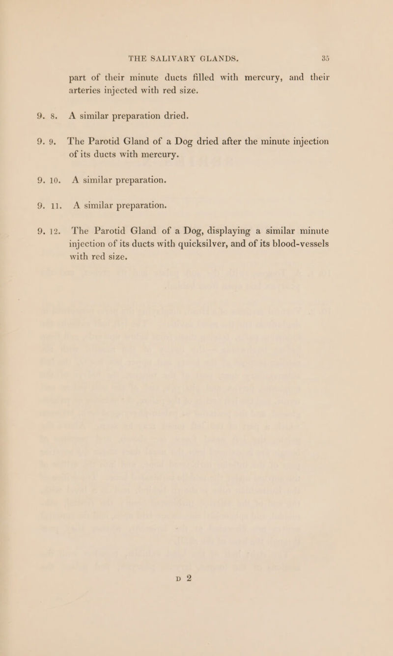 part of their minute ducts filled with mercury, and their arteries injected with red size. A similar preparation dried. The Parotid Gland of a Dog dried after the minute injection of its ducts with mercury. A similar preparation. A similar preparation. The Parotid Gland of a Dog, displaying a similar minute injection of its ducts with quicksilver, and of its blood-vessels with red size.