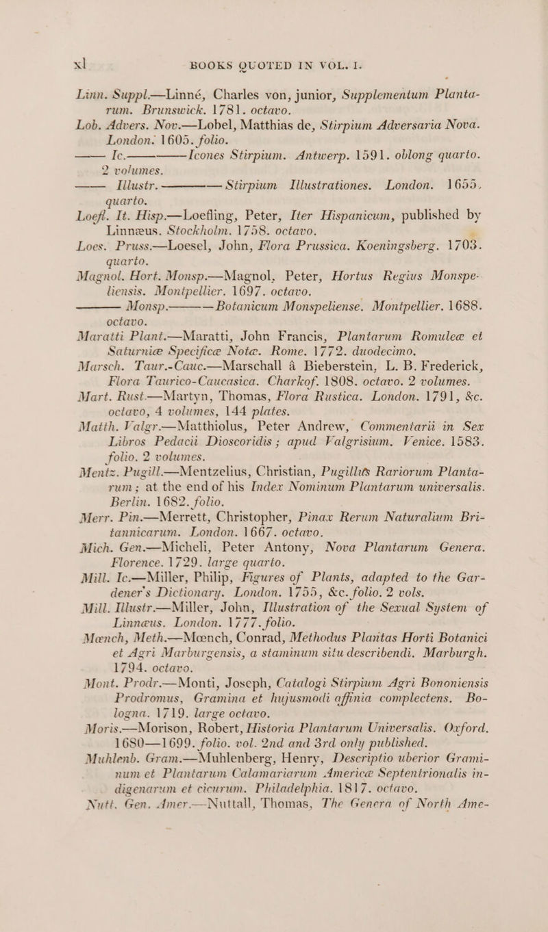 Linn. Suppl—Linné, Charles von, junior, Supplementum Planta- rum. Brunswick. 1781. octavo. Lob. Advers. Nov.—Lobel, Matthias de, Stirpium Adversaria Nova. London. 1605. folio. —— Ie. Icones Stirpium. Antwerp. 1591. oblong quario. 2 volumes. —— IIlustr. ———— Stirpium TIllustrationes. London. 1659. quarto. Loefl. It. Hisp—Loefling, Peter, Iter Hispanicum, published by Linneus. Stockholm. 1758. octavo. Loes. Pruss—Loesel, John, Flora Prussica. Koeningsberg. 1703. quarto. Magnol. Hort. Monsp.—Magnol, Peter, Hortus Regius Monspe- liensis. Montpellier. 1697. octavo. ——— Monsp. —Botanicum Monspeliense. Montpellier. 1688. octavo. Maratti Plant.—Maratti, John Francis, Plantarum Romulee et Saturnie Specifice Note. Rome. 1772. duodecimo. Marsch. Taur.-Cauc.—Marschall 4 Bieberstein, L. B. Frederick, Flora Taurico-Caucasica. Charkof. 1808. octavo. 2 volumes. Mart. Rust—Martyn, Thomas, Flora Rustica. London. 1791, &amp;c. octavo, 4 volumes, 144 plates. Matih. Valgr—Matthiolus, Peter Andrew, Commentarii in Sex Libros Pedacii Dioscoridis ; apud Falgrisium. Venice. 1583. folio. 2 volumes. | Mentz. Pugill—Mentzelius, Christian, Pugillus Rariorwm Planta- rum; at the end of his dadex Nominum Plantarum universalis. Berlin. 1682. folio. Merr. Pin —Merrett, Christopher, Pinax Rerum Naturalium Bri- tannicarum. London. 1667. octavo. Mich. Gen—RMicheli, Peter Antony, Nova Plantarum Genera. Florence. 1729. large quarto. Mill. Ic.—Miller, Philip, Figures of Plants, adapted to the Gar- dener’s Dictionary. London. 1755, &amp;c. folio. 2 vols. Mill. Illustr —Miller, John, hasivedon of = Sexual System of Linneus. London. 1777. folio. Mench, Meth.—Meench, Conrad, Methodus Plaritas Horii Botanici et Agri Marburgensis, a staminum situ describendi. Marburgh. 1794. octavo. Mont. Prodr—Monti, Joseph, Catalogi Stirpium Agri Bononiensis Prodromus, Gramina et hujusmodi affinia complectens. Bo- logna. 1719. large octavo. Moris—Morison, Robert, Historia Plantarum Universalis. Oxford. 1680—1699. folio. vol. 2nd and 3rd only published. Muhlenb. Gram.—Muhlenberg, Henry, Descriptio uberior Grami- num et Plantarum Calamariarwm America Septentrionalis in- digenarum et cicurum. Philadelphia. 1817. octavo. Nutt. Gen, Amer—-Nuttall, Thomas, The Genera of North Ame-