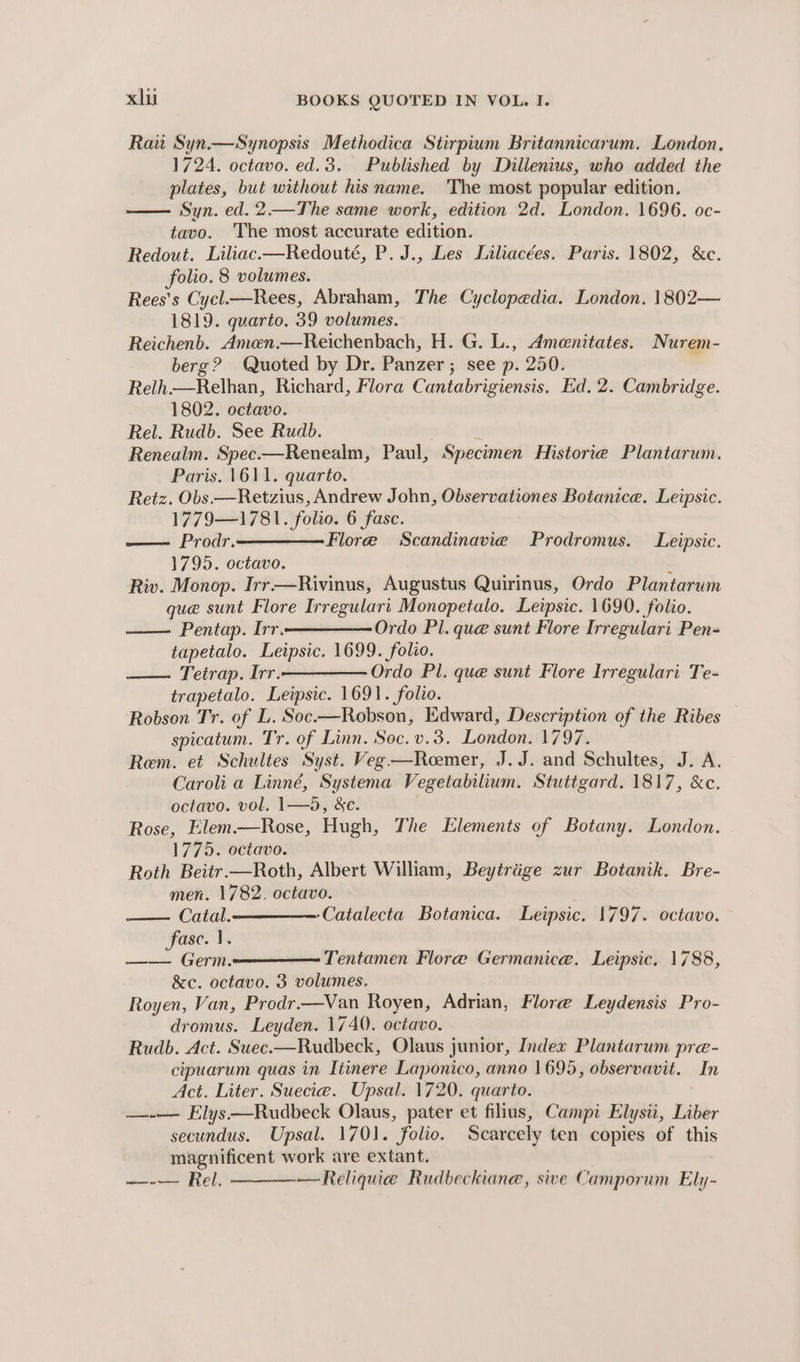 Rau Syn.—Synopsis Methodica Stirpium Britannicarum. London, 1724. octavo. ed.3. Published by Diullenius, who added the plates, but without his name. 'The most popular edition. —— Syn. ed. 2.—The same work, edition 2d. London. 1696. oc- tavo. ‘The most accurate edition. Redout. Liliac.—Redouté, P. J., Les Liliacées. Paris. 1802, &amp;c. folio. 8 volumes. Rees’s Cycl.—Rees, Abraham, The Cyclopedia. London. 1802— 1819. quarto. 39 volumes. Reichenb. Amcon.—Reichenbach, H. G. L., Amenitates. Nurem- berg? Quoted by Dr. Panzer; see p. 250. c Relh.—Relhan, Richard, Flora Cantabrigiensis. Ed, 2. Cambridge. 1802. octavo. Rel. Rudb. See Rudb. : Renealm. Spec.—Renealm, Paul, Specimen Historie Plantarum. Paris. 1611. quarto. Retz. Obs —Retzius, Andrew John, Observationes Botanice. Leipsic. 1779—1781. folio. 6 fase. —— Prodr.——Flore Scandinavie Prodromus. Leipsic. 1795. octavo. Riv. Monop. Irr-—Rivinus, Augustus Quirinus, Ordo Plantarum que sunt Flore Irregulari Monopetalo. Leipsic. 1690. folio. Pentap. Irr.————Ordo Pl. qué sunt Flore Irregulari Pen- tapetalo. Leipsic. 1699. folio. —— Tetrap. Irr.———— Ordo Pl. que sunt Flore Irregulari Te- trapetalo. Leipsic. 1691. folio. | Robson Tr. of L. Soc.—Robson, Edward, Description of the Ribes spicatum. Tr. of Linn. Soc. v.3. London. 1797. Rem. et Schultes Syst. Veg—Reemer, J.J. and Schultes, J. A. Caroli a Linné, Systema Vegetabilium. Stuttgard. 1817, &amp;c. octavo. vol. 1—5, &amp;c. Rose, Elem.—Rose, Hugh, The Elements of Botany. London. 1775. octavo. Roth Beitr.—Roth, Albert William, Beytrége zur Botanik. Bre- men. 1782. octavo. Catal.—————-Catalecta Botanica. Leipsic. 1797. octavo. fase. 1. —— Germ. Tentamen Flore Germanice. Leipsic. 1788, &amp;c. octavo. 3 volumes. Royen, Van, Prodr.—Van Royen, Adrian, Flore Leydensis Pro- dromus. Leyden. 1740. octavo. Rudb. Act. Suec.—Rudbeck, Olaus junior, Index Plantarum pre- cipuarum quas in Itinere Laponico, anno 1695, observavit. In Act. Liter. Suecia. Upsal. 1720. quarto. —-— Elys.—Rudbeck Olaus, pater et filius, Campi Elysii, Liber secundus. Upsal. 1701. folio. Scarcely ten copies of this magnificent work are extant. ~imsttee ECCl, —Reliquie Rudbeckiane, sive Camporum Ely-