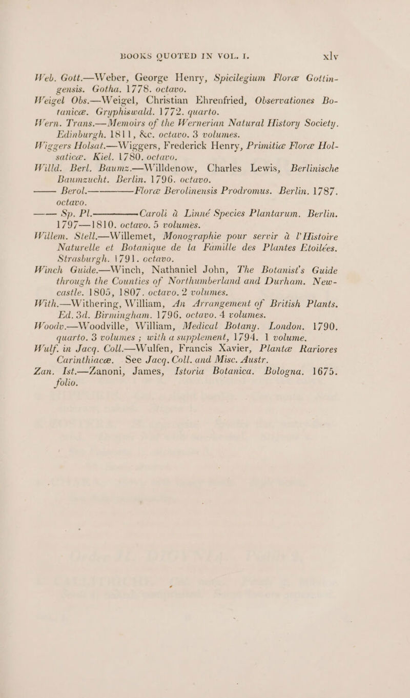 Web. Gott—Weber, George Henry, Spicilegium Flore Gottin- gensis. Gotha. 1778. octavo. Weigel Obs.—Weigel, Christian Ehrenfried, Olbservationes Bo- tanice. Gryphiswald. 1772. quarto. Wern. Trans.— Memoirs of the Wernerian Natural History Society. Edinburgh. 1811, &amp;c. octavo. 3 volumes. Wiggers Holsat.—Wiggers, Frederick Henry, Primitie Flore Hol- satice. Kiel. 1780. octavo. Willd. Berl. Baumz.—Willdenow, Charles Lewis, Berlinische Baumzucht. Berlin. 1796. octavo. Berol.— Flore Berolinensis Prodromus. Berlin. 1787. octavo. —— Sp. Pl.————Caroli a Linné Species Plantarum. Berlin. 1797—1810. octavo. 5 volumes. Willem. Stell—Willemet, Monographie pour servir a I’ Histoire Naturelle et Botanique de la Famille des Plantes Etoilées. Strasburgh. 1791. octavo. Winch Guide-—Winch, Nathaniel John, The Botanist’s Guide through the Counties of Northumberland and Durham. New- castle. 1805, 1807. octavo. 2 volumes. With.—Withering, William, dn Arrangement of British Plants. Ed, 3d. Birmingham. 1796. octavo, 4 volumes. Woodv.—Woodville, William, Medical Botany. London. 1790. quarto. 3 volumes ; with a supplement, 1794. 1 volume. Wulf. in Jacq. Coll—Wulfen, Francis Xavier, Plante Rariores Carinthiace. See Jacq. Coll. and Misc. Austr. Zan, Ist.—Zanoni, James, Istoria Botanica. Bologna. 1675. folio.