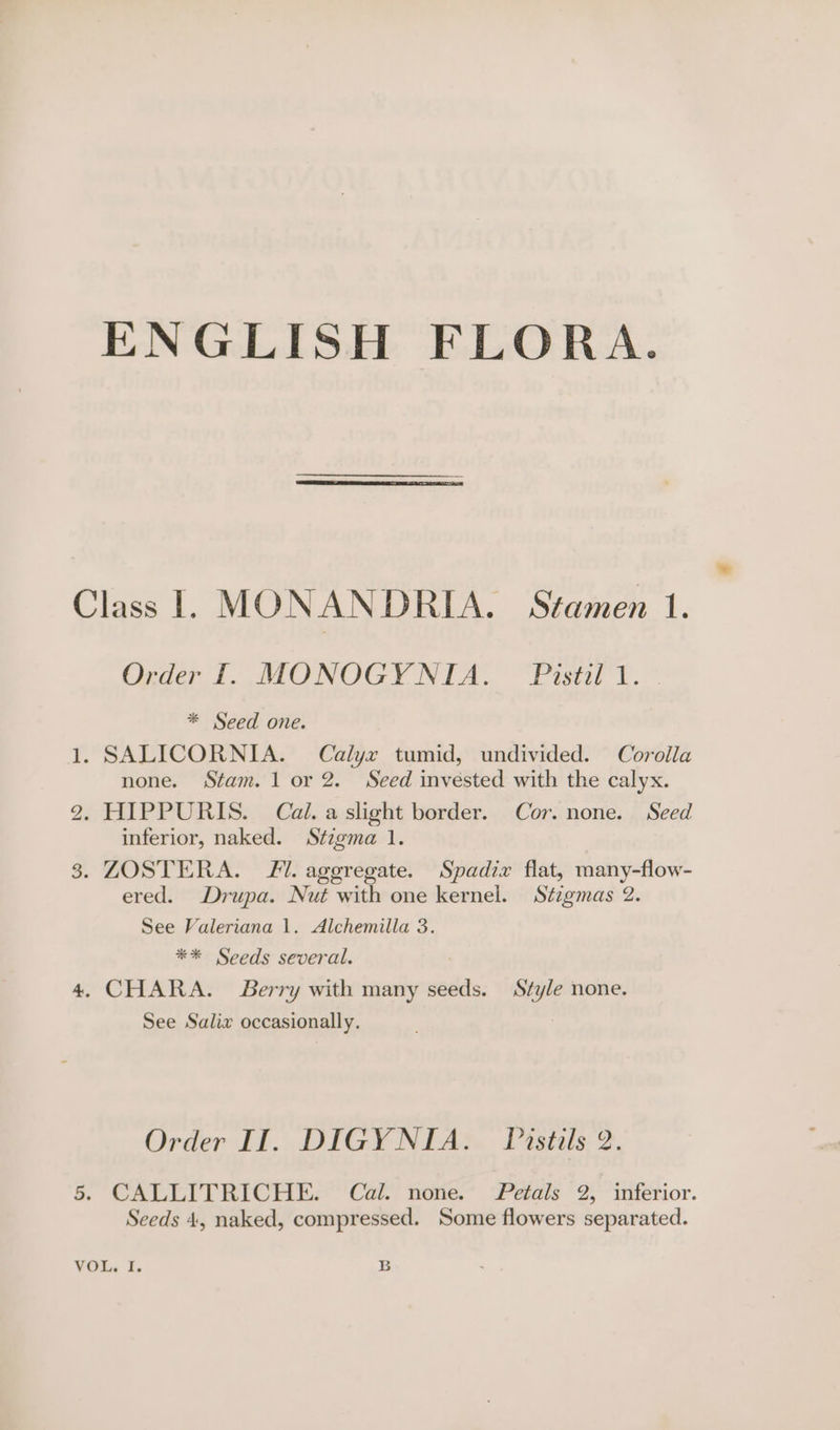 ENGLISH FLORA. Class I. MONANDRIA, Stamen 1. Order I. MONOGYNIA. Pistil 1. - * Seed one. 1, SALICORNIA. Calyx tumid, undivided. Corolla none. Stam. 1 or 2. Seed invésted with the calyx. 2. HIPPURIS. Cal. a slight border. Cor. none. Seed inferior, naked. Stzgma 1. 3. ZOSTERA. Fl. aggregate. Spadix flat, many-flow- ered. Drupa. Nut with one kernel. Stzgmas 2. See Valeriana 1. Alchemilla 3. ** Seeds several. 4, CHARA. Berry with many seeds. Style none. See Salix occasionally. Order II. DIGYNIA. Pistils 2. 5. CALLITRICHE. Cal. none. Petals 2, inferior. Seeds 4, naked, compressed. Some flowers separated.