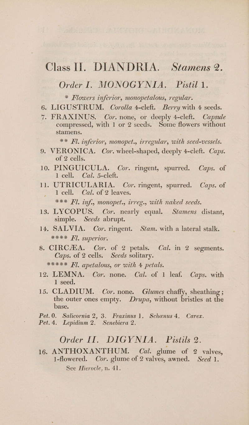 Class IT DIANDRIA. Stamens 2. Order I. MONOGYNIA. Pastil 1. * Flowers inferior, monopetalous, regular. 6. LIGUSTRUM. Corolla 4-cleft. Berry with 4 seeds. 7. FRAXINUS. Cor. none, or deeply 4-cleft. Capsule compressed, with 1 or 2 seeds. Some flowers without stamens. ** Fl. inferior, monopet., irregular, with seed-vessels. 9. VERONICA. Cor. wheel-shaped, deeply 4-cleft. Caps. of 2 cells. 10. PINGUICULA. Cor. ringent, spurred. Caps. of 1 cell. Cal. 5-cleft. 11. UTRICULARIA.- Cor. singent, spurred. Caps. of 1 cell. Cal. of 2 leaves. *** Fl, inf., monopet., irreg., with naked seeds. 13. LYCOPUS. Cor. nearly equal. Stamens distant, simple. Seeds abrupt. 14. SALVIA. Cor. ringent. Stam. with a lateral stalk. FREE TL, SUBCTION 8. CIRCALA. Cor. of 2 petals. Cal. in 2 segments. Caps. of 2 cells. Seeds solitary. *xe* FY], apetalous, or with 4 petals. 12. LEMNA. Cor. none. Cal. of 1 leaf. Caps. with 1 seed. 15. CLADIUM. Cor. none. Glumes chaffy, sheathing ; the outer ones empty. Drupa, without bristles at the base. Pet.0. Salicornia 2, 3. Fraxinus 1, Schaenus 4. Carex. Pet.4. Lepidium 2. Senebiera 2. Order II. DIGYNIA. Pistils 2. 16. ANTHOXANTHUM. Cal. glume of 2 valves, 1-flowered. Cor. glume of 2 valves, awned. Seed 1. See Hierocle, n. Al.