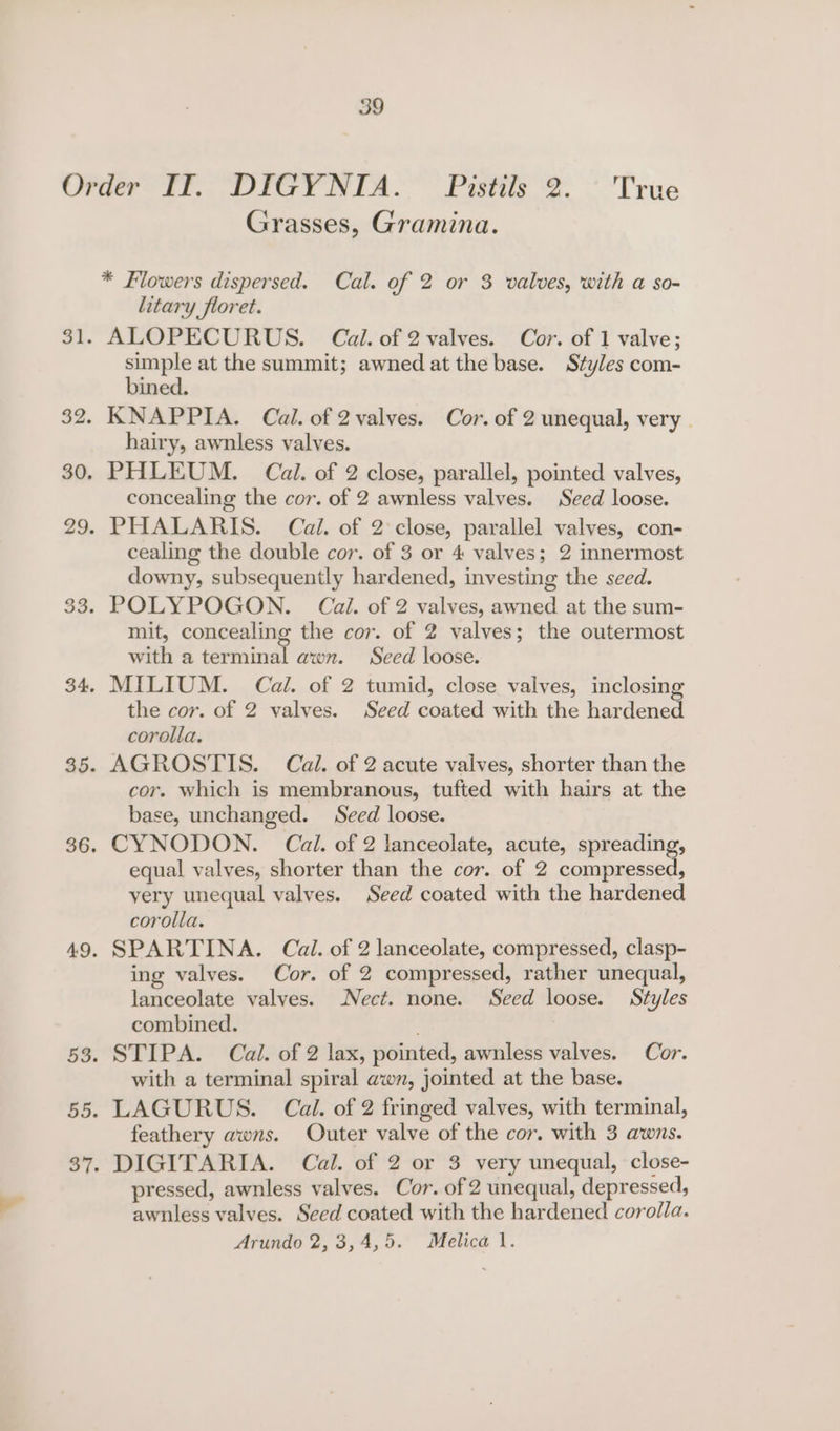 Grasses, Gramina. * Flowers dispersed. Cal. of 2 or 3 valves, with a so- litary floret. ALOPECURUS. Cal. of 2 valves. Cor. of 1 valve; simple at the summit; awned at the base. Styles com- bined. KNAPPIA. Cal. of 2 valves. Cor. of 2 unequal, very. hairy, awnless valves. PHLEUM. Cal. of 2 close, parallel, pointed valves, concealing the cor. of 2 awnless valves. Seed loose. PHALARIS. Cal. of 2 close, parallel valves, con- cealing the double cor. of 3 or 4 valves; 2 innermost downy, subsequently hardened, investing the seed. POLYPOGON. Cai. of 2 valves, awned at the sum- mit, concealing the cor. of 2 valves; the outermost with a terminal awn. Seed loose. MILIUM. Cal. of 2 tumid, close valves, inclosing the cor. of 2 valves. Seed coated with the hardened corolla. AGROSTIS. Cail. of 2 acute vaives, shorter than the cor. which is membranous, tufted with hairs at the base, unchanged. Seed loose. CYNODON. Cal. of 2 lanceolate, acute, spreading, equal valves, shorter than the cor. of 2 compressed, yery unequal valves. Seed coated with the hardened corolla. SPARTINA. Cal. of 2 lanceolate, compressed, clasp- ing valves. Cor. of 2 compressed, rather unequal, lanceolate valves. Nect. none. Seed loose. Styles combined. STIPA. Cal. of 2 lax, pointed, awnless valves. Cor. with a terminal spiral awn, jointed at the base. LAGURUS. Cail. of 2 fringed valves, with terminal, feathery awns. Outer valve of the cor. with 3 awns. DIGITARIA. Cal. of 2 or 3 very unequal, close- pressed, awnless valves. Cor. of 2 unequal, depressed, awnless valves. Seed coated with the hardened corolla. Arundo 2,3,4,5. Melica 1.